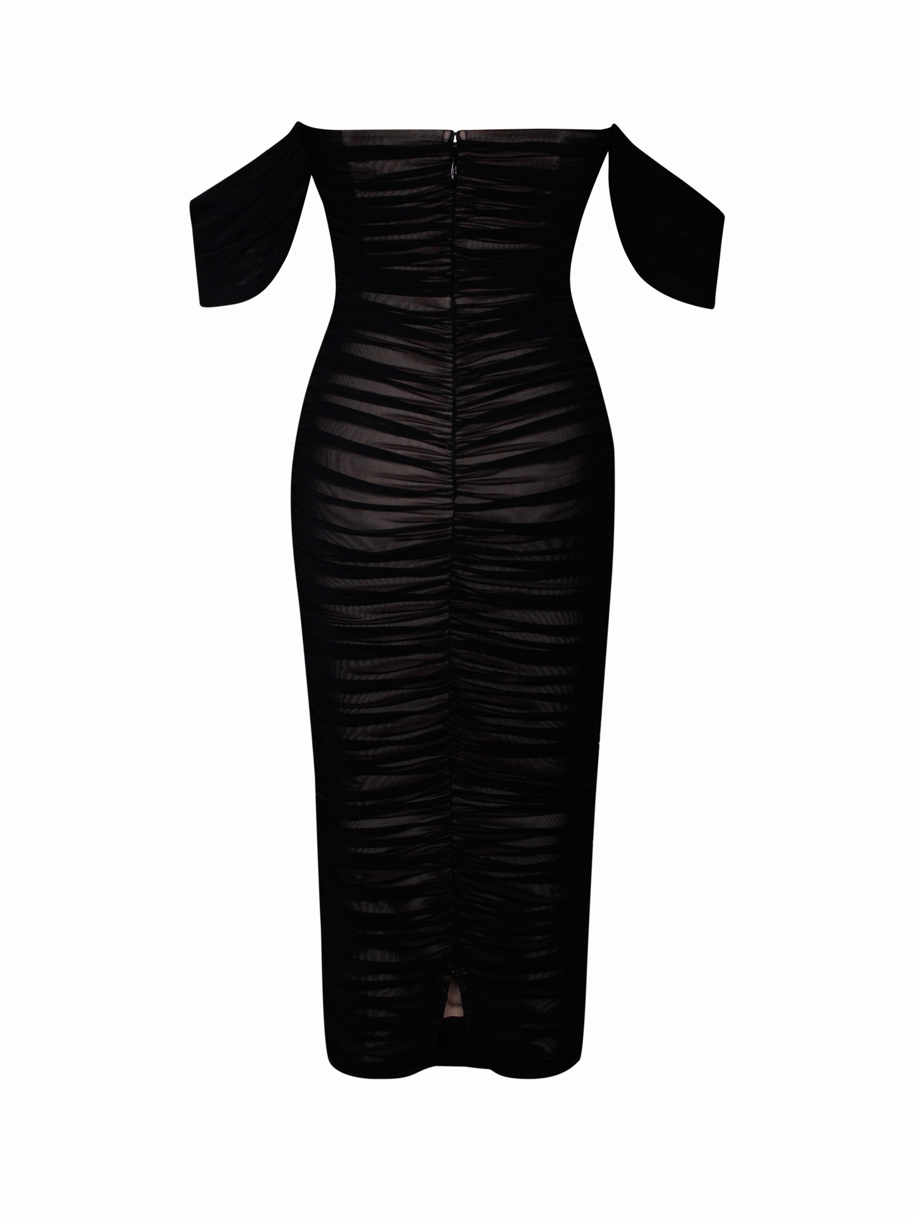 Quenby Black Off Shoulder Mesh Maxi Dress (Archive Sale)