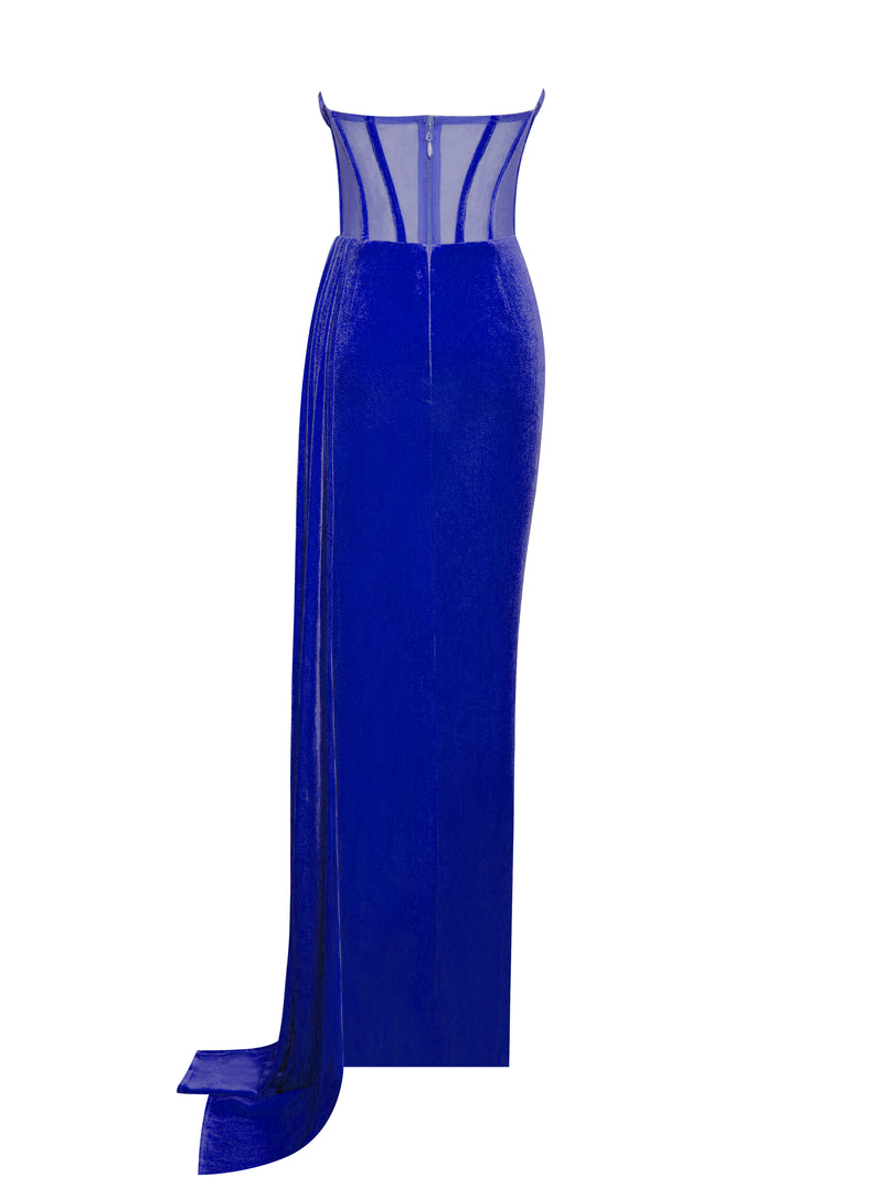 Priya Royal Blue Draping Corset High Slit Velvet Gown