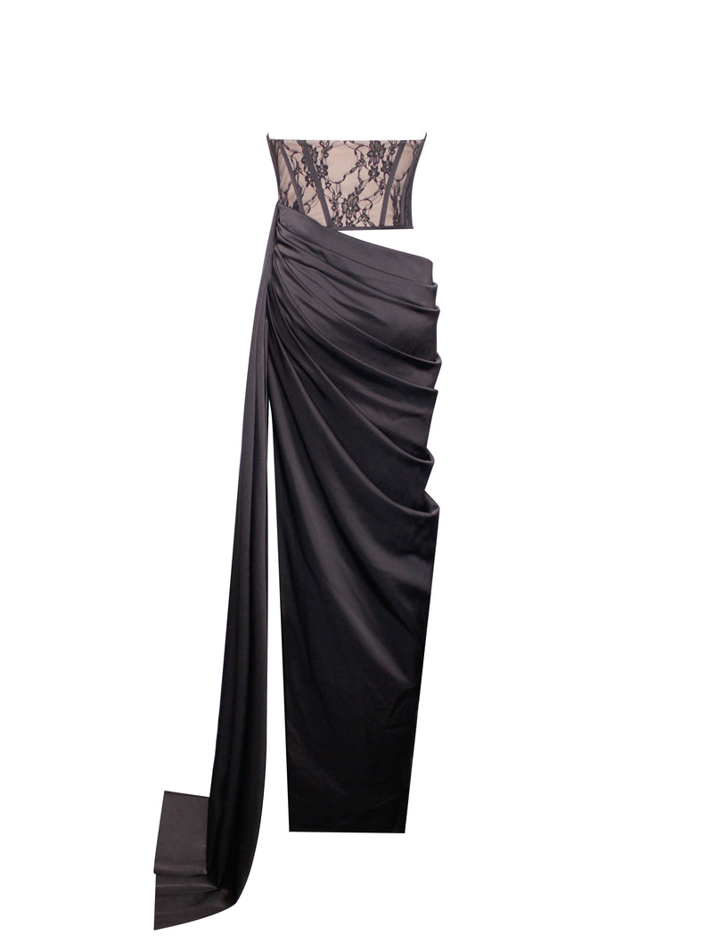 Callie Black Lace Satin Corset High Slit Gown