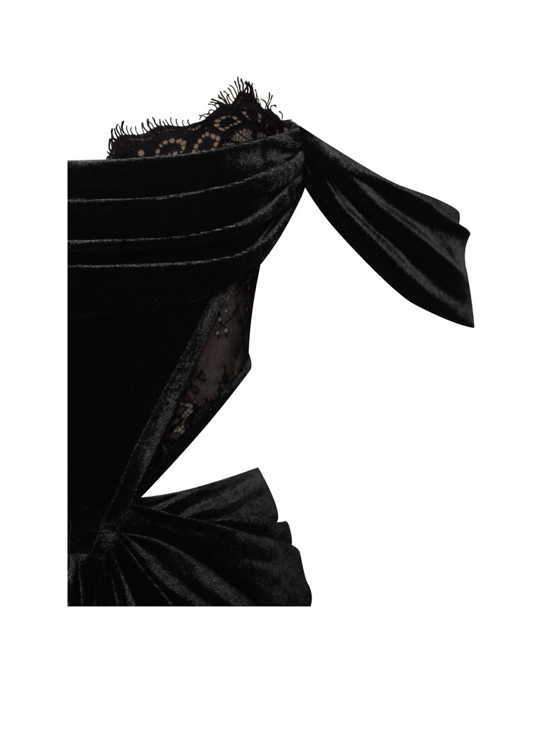 Quintessa Black Lace Velvet Corset Off Shoulder Gown