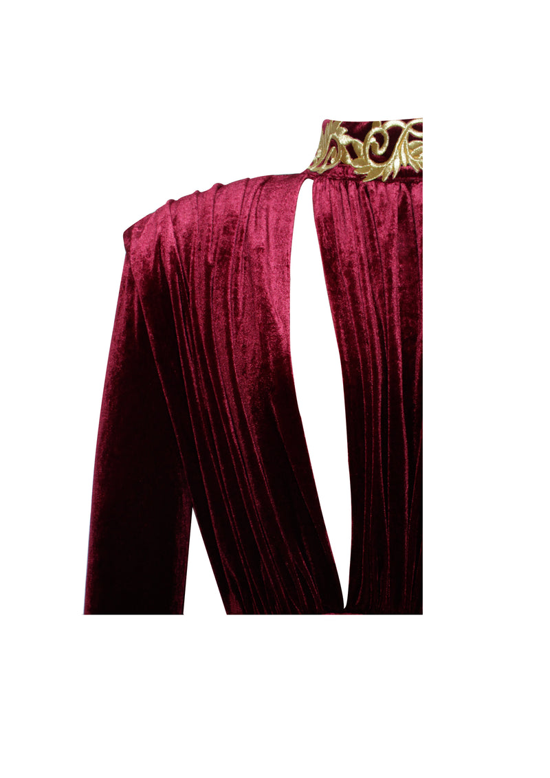 Zenaida Burgundy Cutout High Slit Velvet Gown