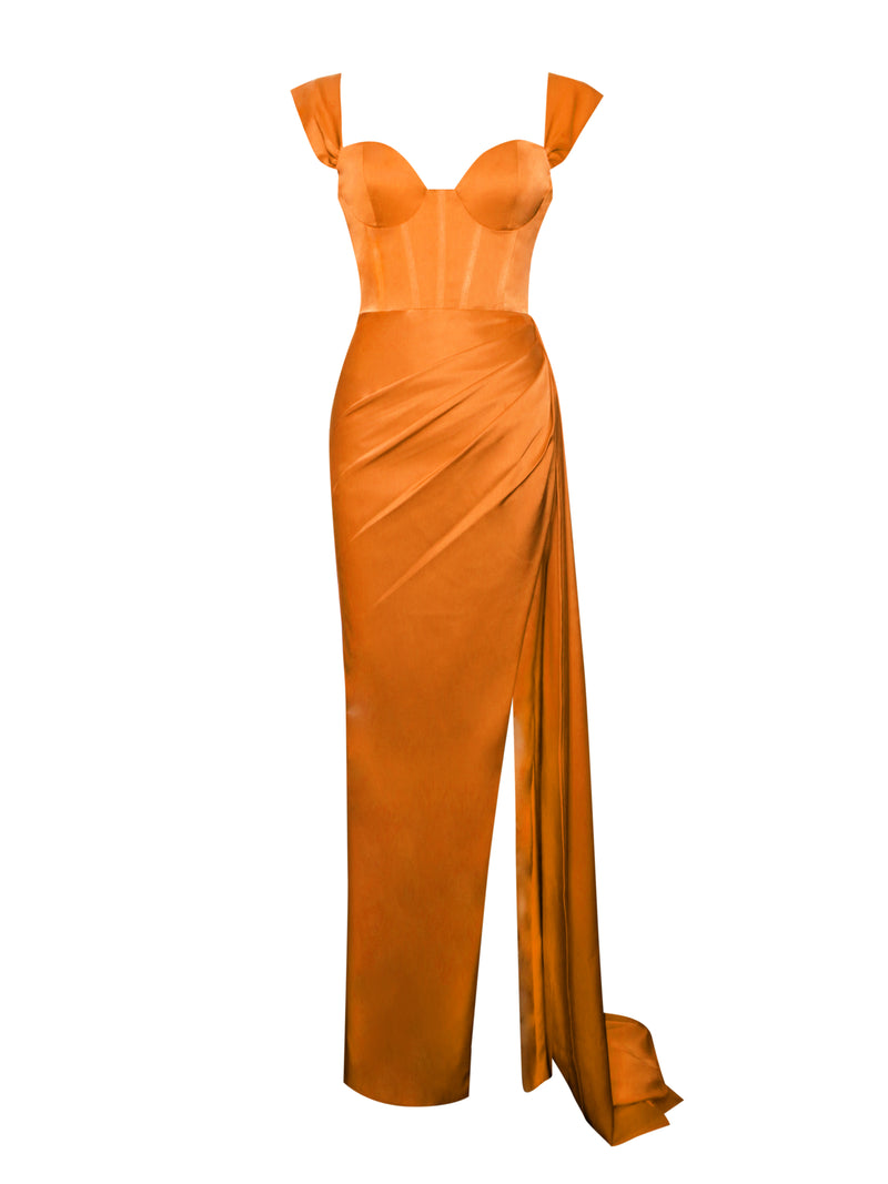 Zayda Orange High Slit Corset Satin Gown