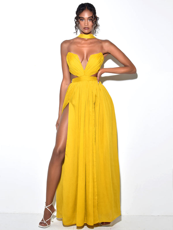 Xella Yellow Pleated Chiffon Maxi Dress