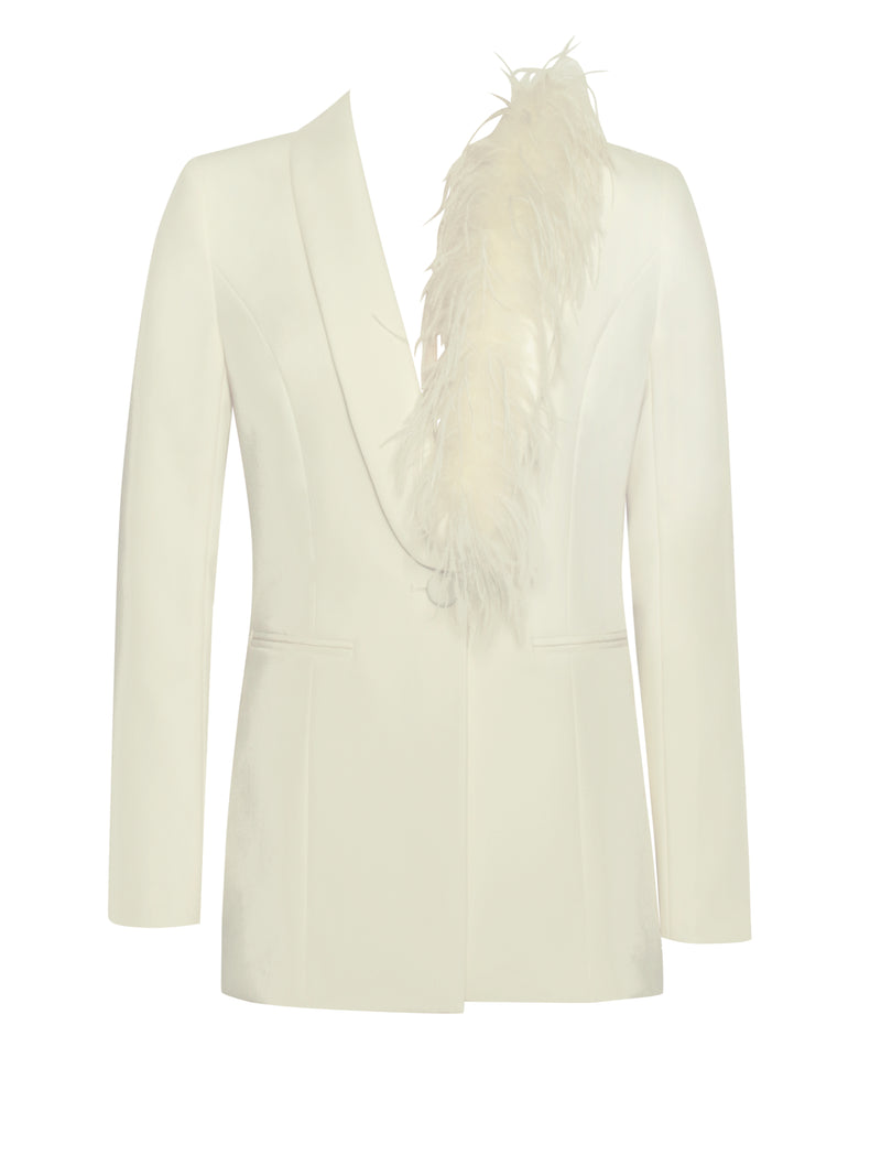 Yulia Cream White Suit Blazer With Feather Trim