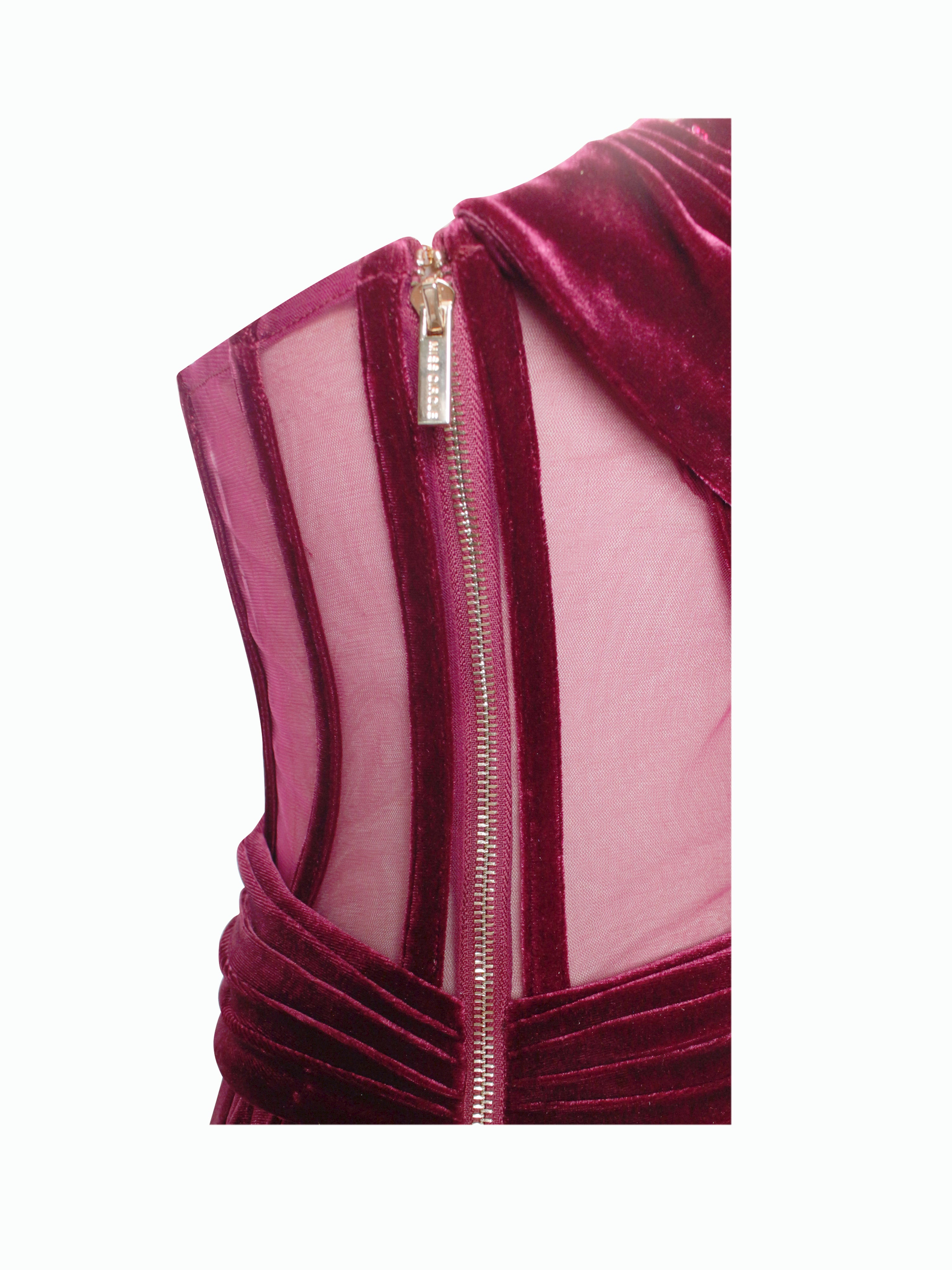 Octavia Burgundy Draping Crystal Corset High Slit Velvet Gown (Archive Sale)