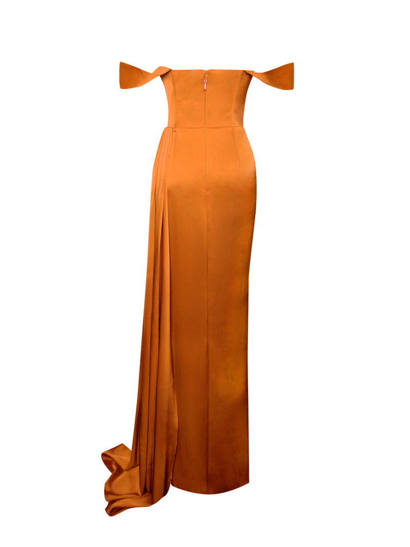 Zayda Orange High Slit Corset Satin Gown
