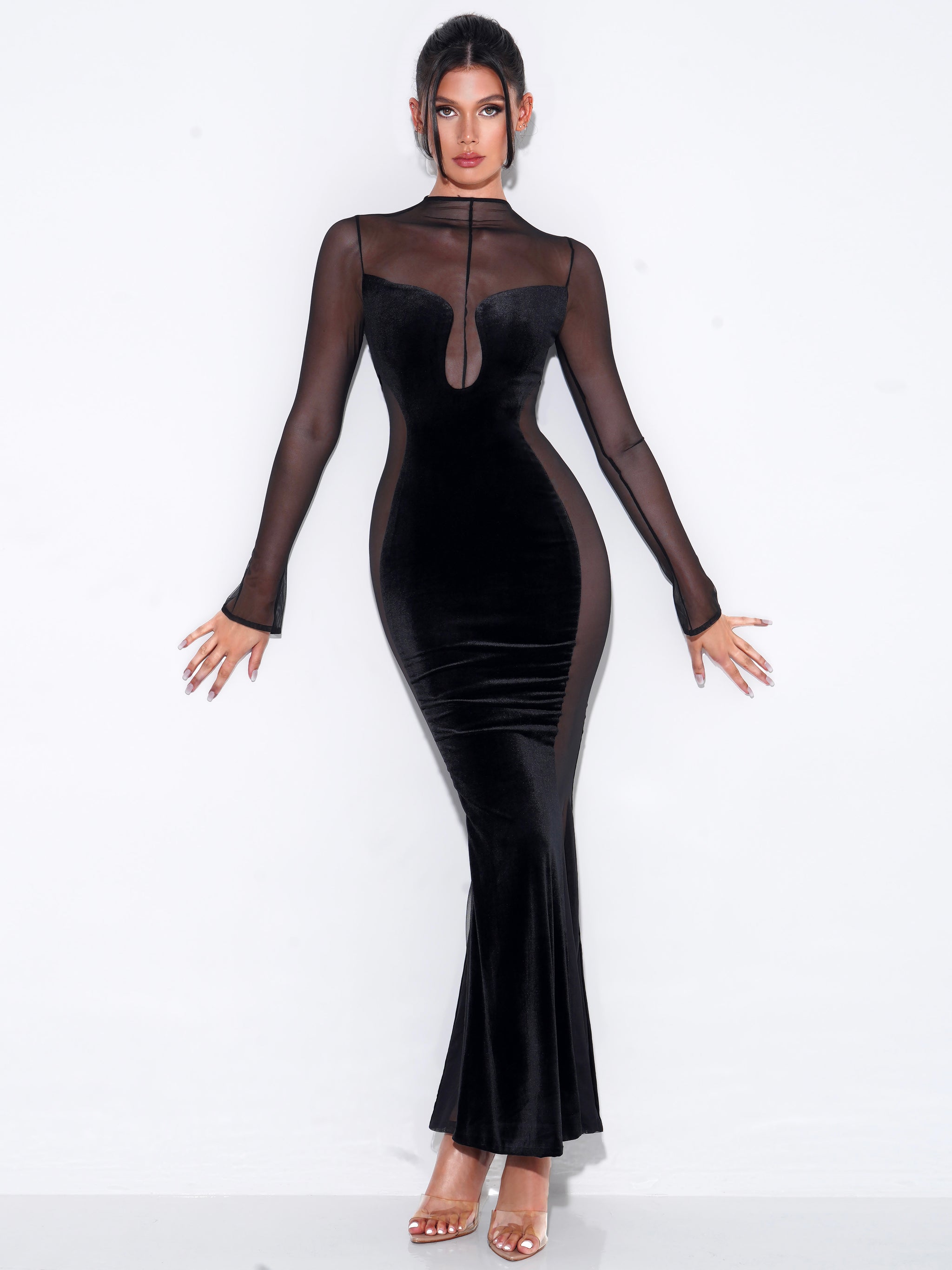 Paislee Black Velvet Mesh Long Sleeve Gown (Archive Sale) Paislee Black Velvet Mesh Long Sleeve Gown (Archive Sale)