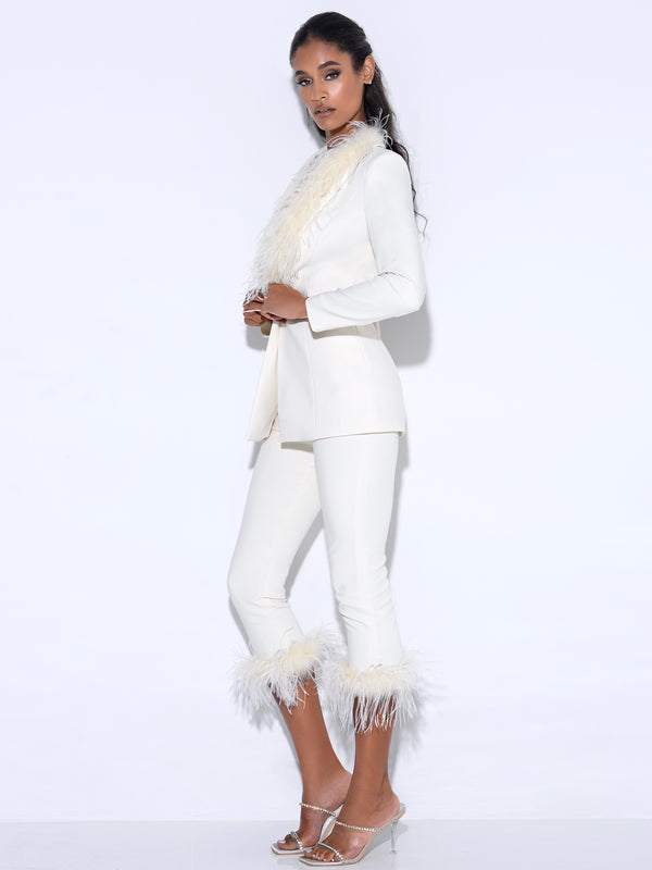 Yanely Cream White Pants With Feather Trim