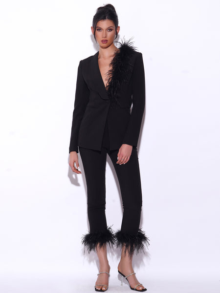 Count Me in | Black Tailored Feather Trim Trousers, US 12 / Black