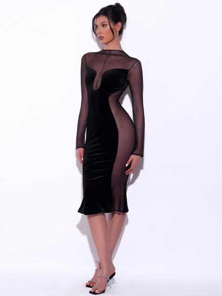 Mavise Black Velvet Mesh Long Sleeve Dress – Miss Circle