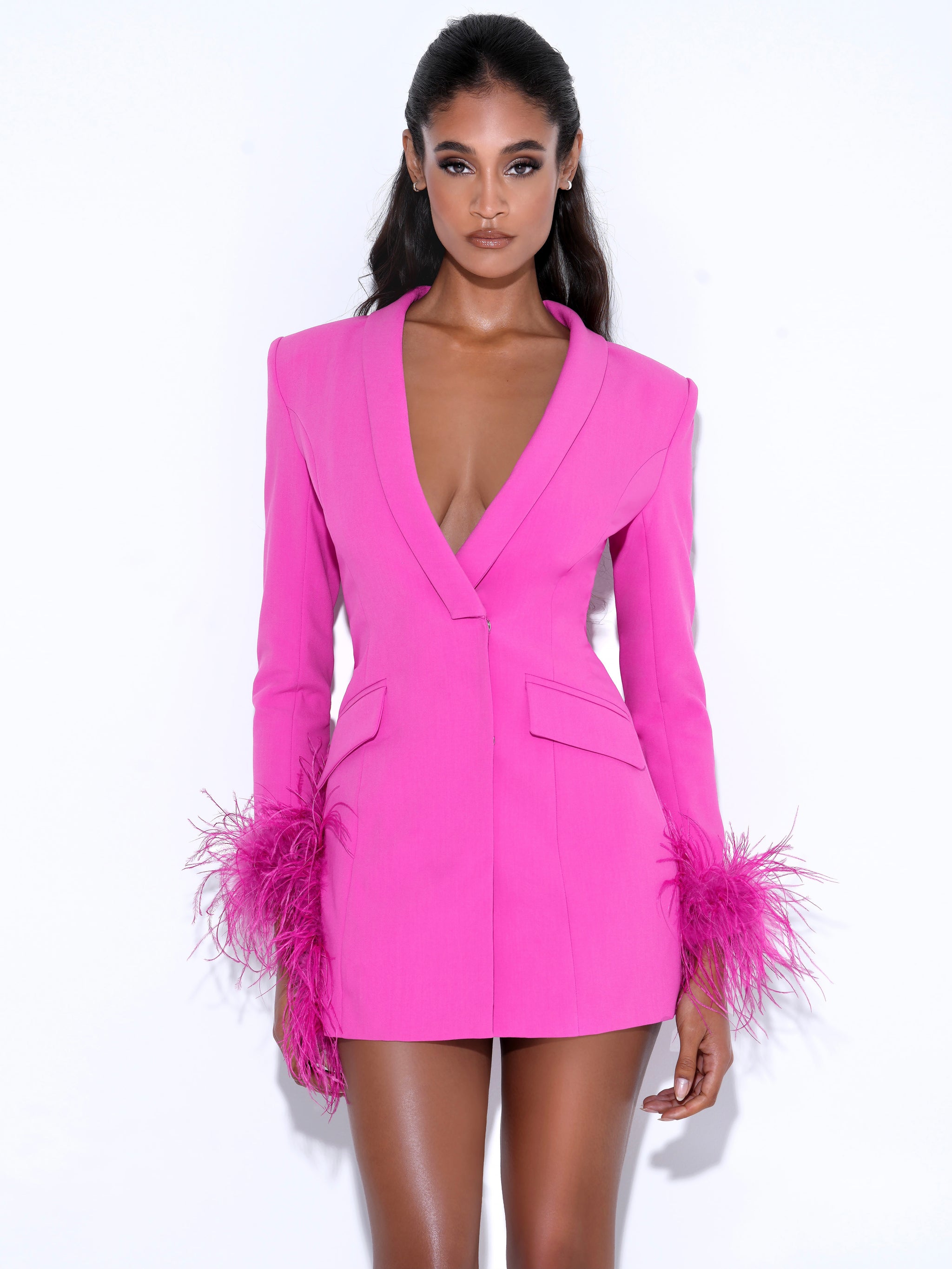 hot pink blazer dress with feathers Delia Feathered Blazer Dress - Hot Pink