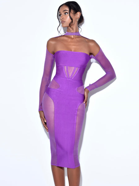 Dusty Violet Spaghetti Strap Drawstring Ruched Cut Out Slit Dress