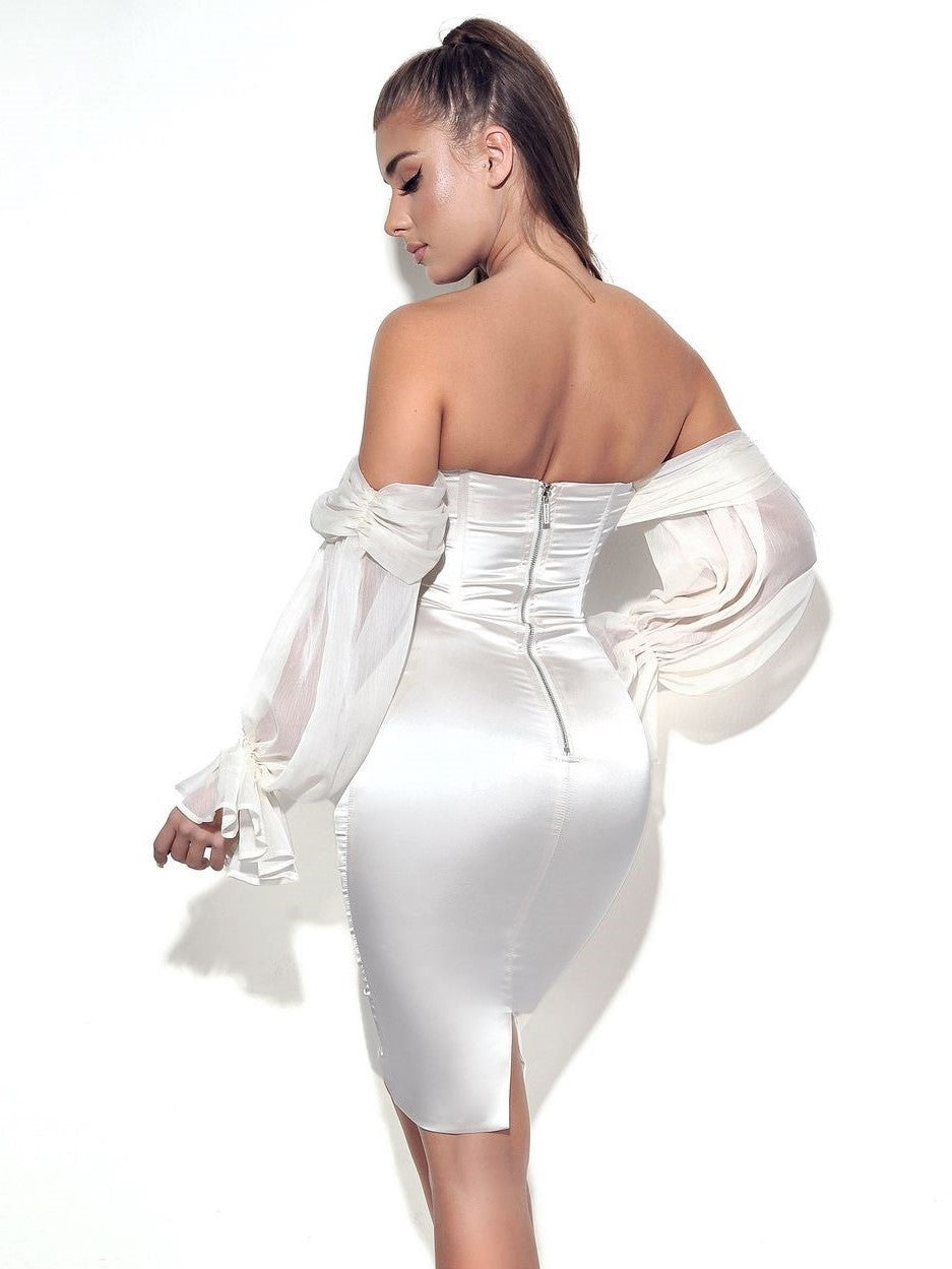 Lydia Pearl White Satin Off Shoulder Puff Sleeve Dress (Archive Sale)
