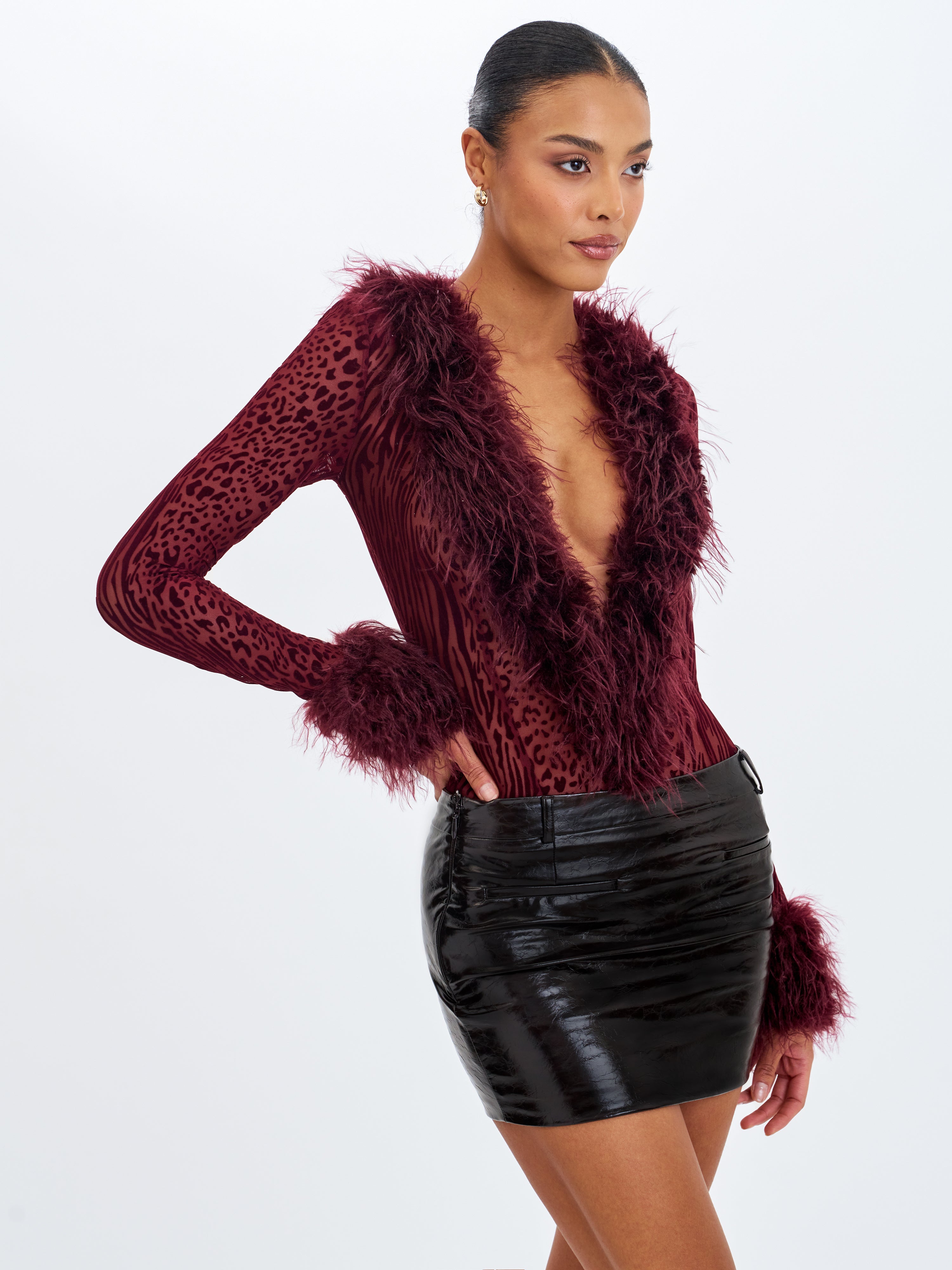 Valene Burgundy Burnout Velvet Fur-Trim Bodysuit