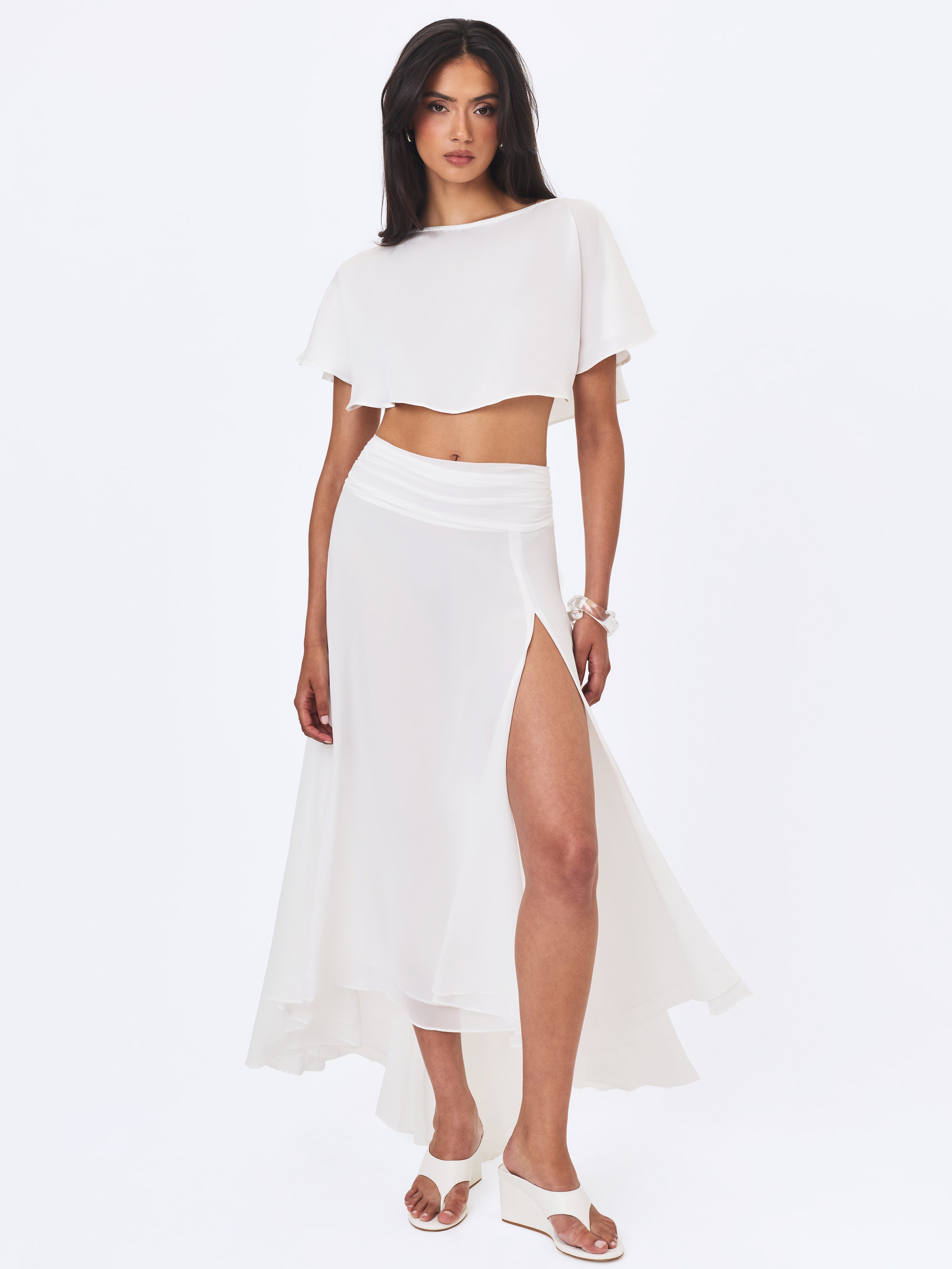 Yarae White Satin Boat Neck Cape Top