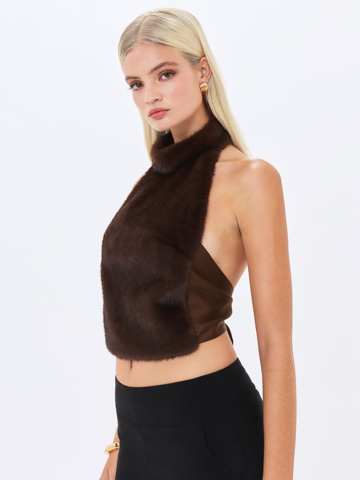 Xeriah Espresso Faux Mink Fur Backless Halter Top