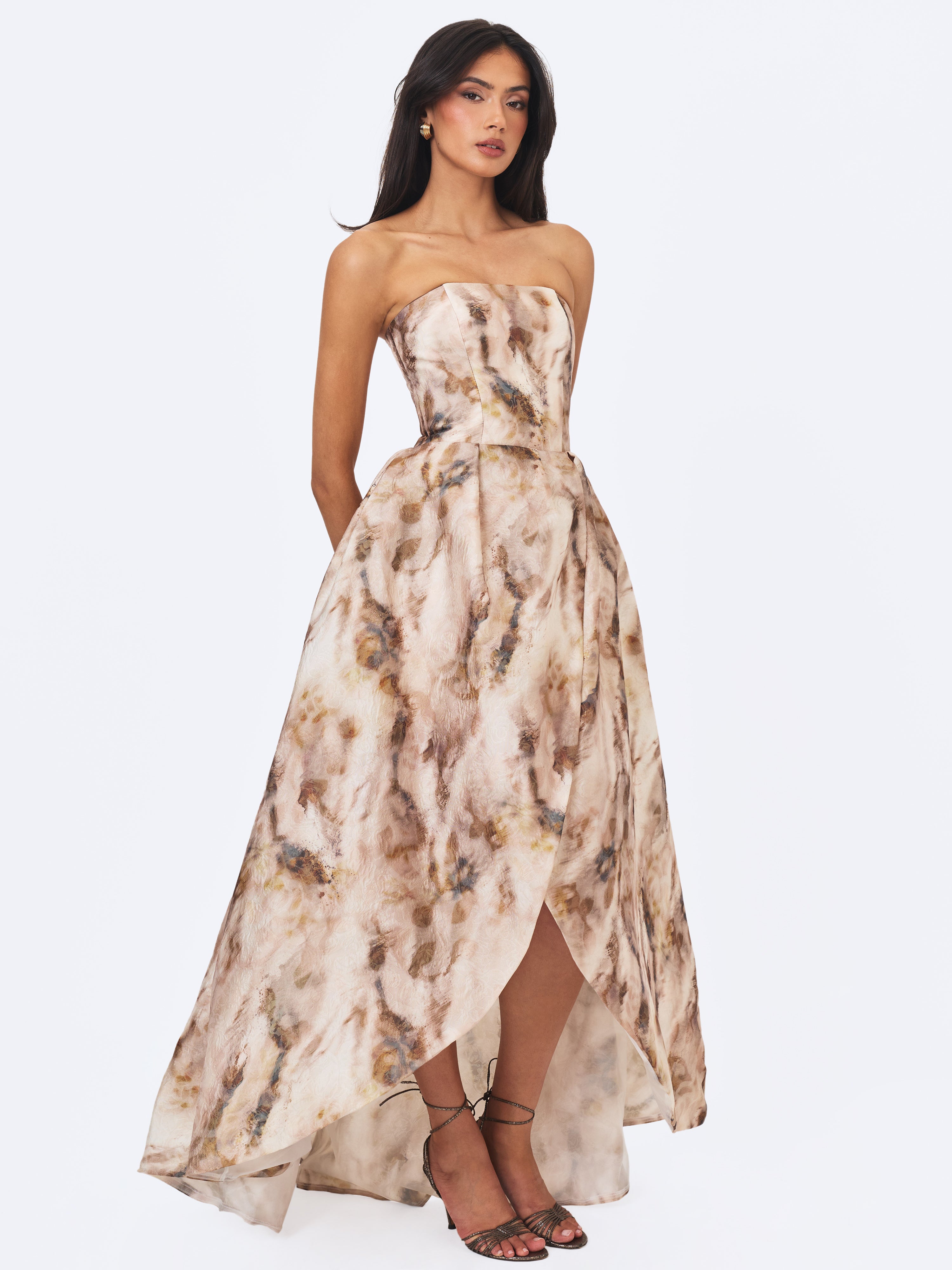 Micaela Camel Watercolor Jacquard Chiffon Dipped Hem Gown