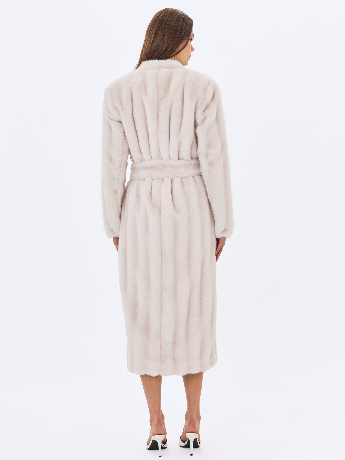 Celine Soft White Faux Mink Belted Longline Coat