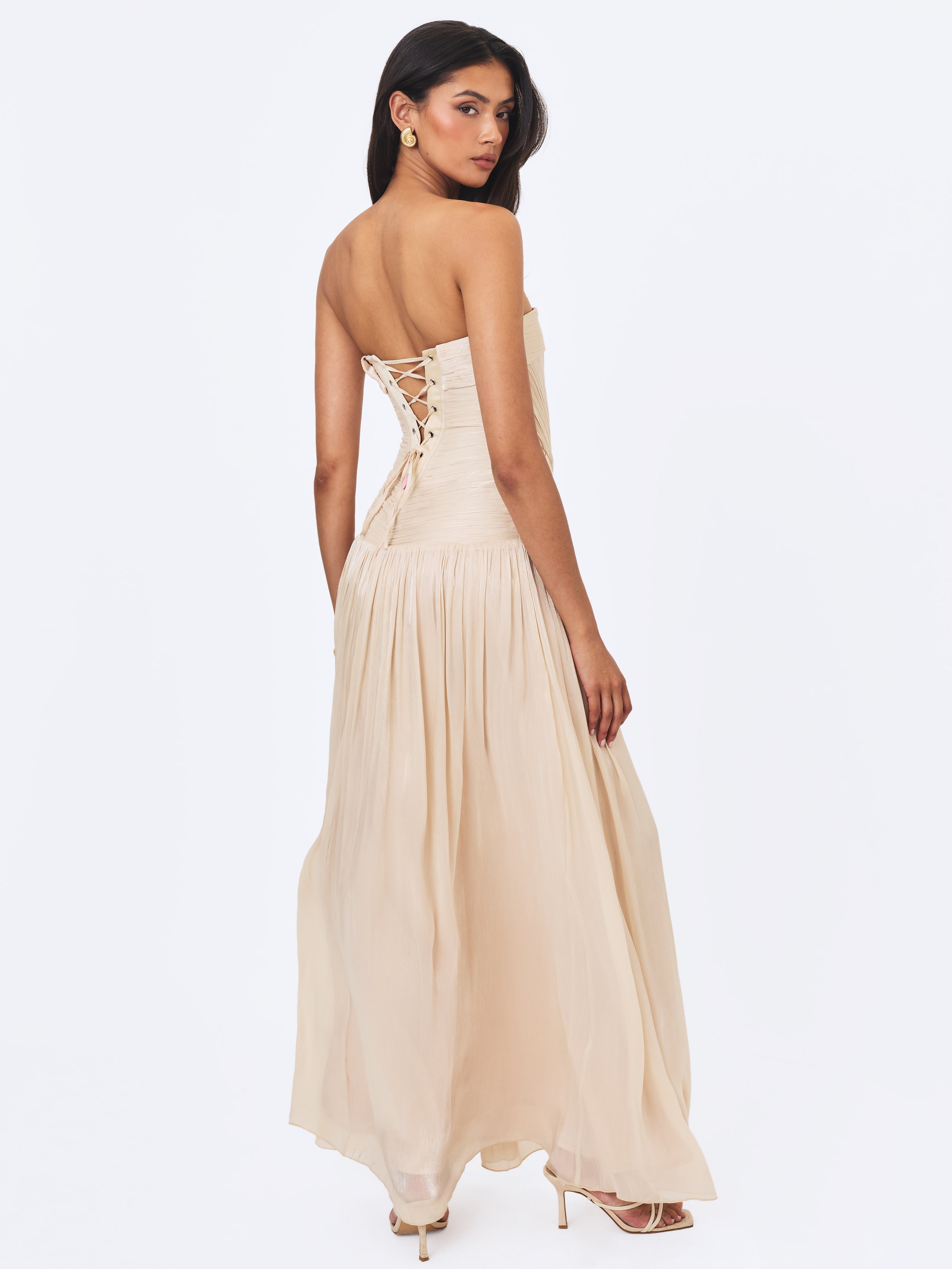 Olivine Light Beige Crystal Organza Strapless Maxi Dress