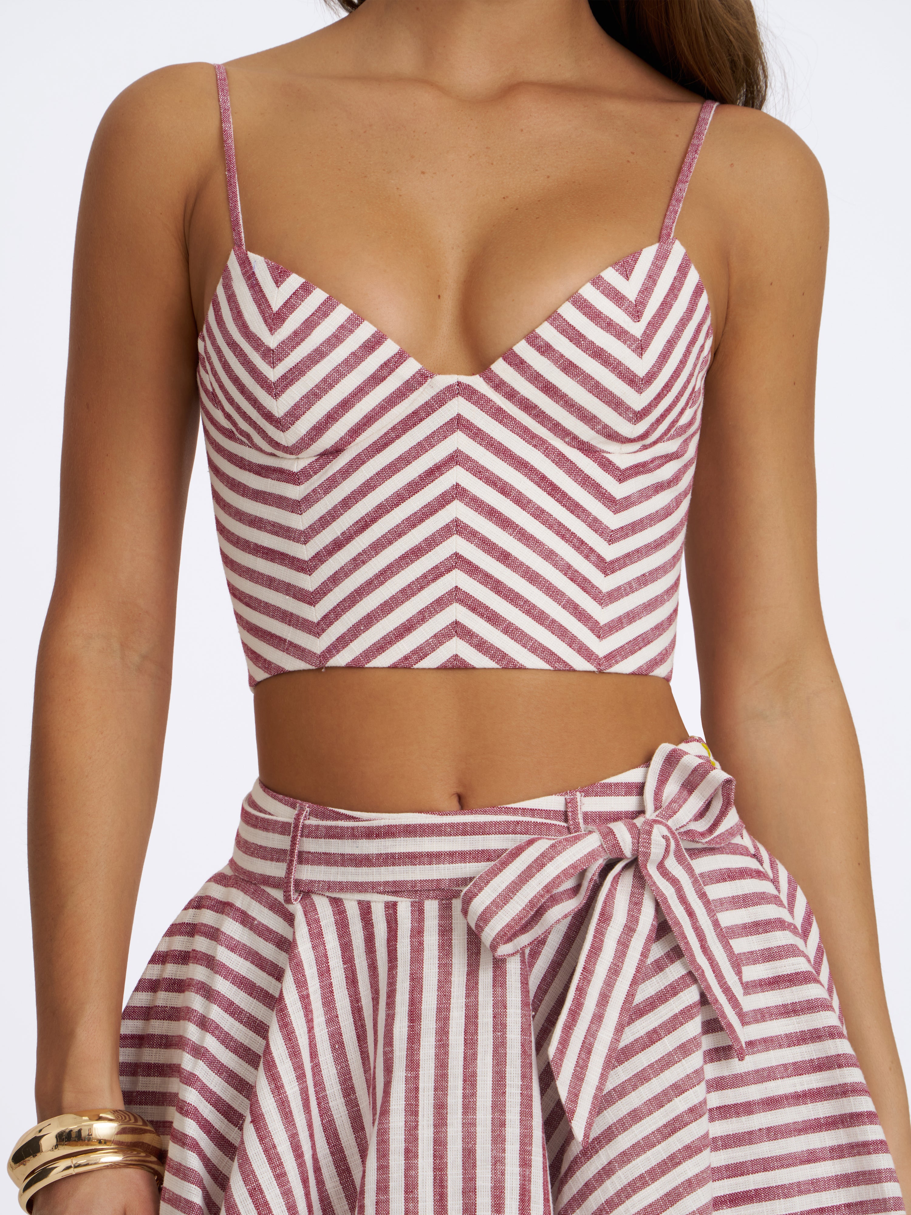 Xola Red & White Chevron Striped Linen Cropped Top