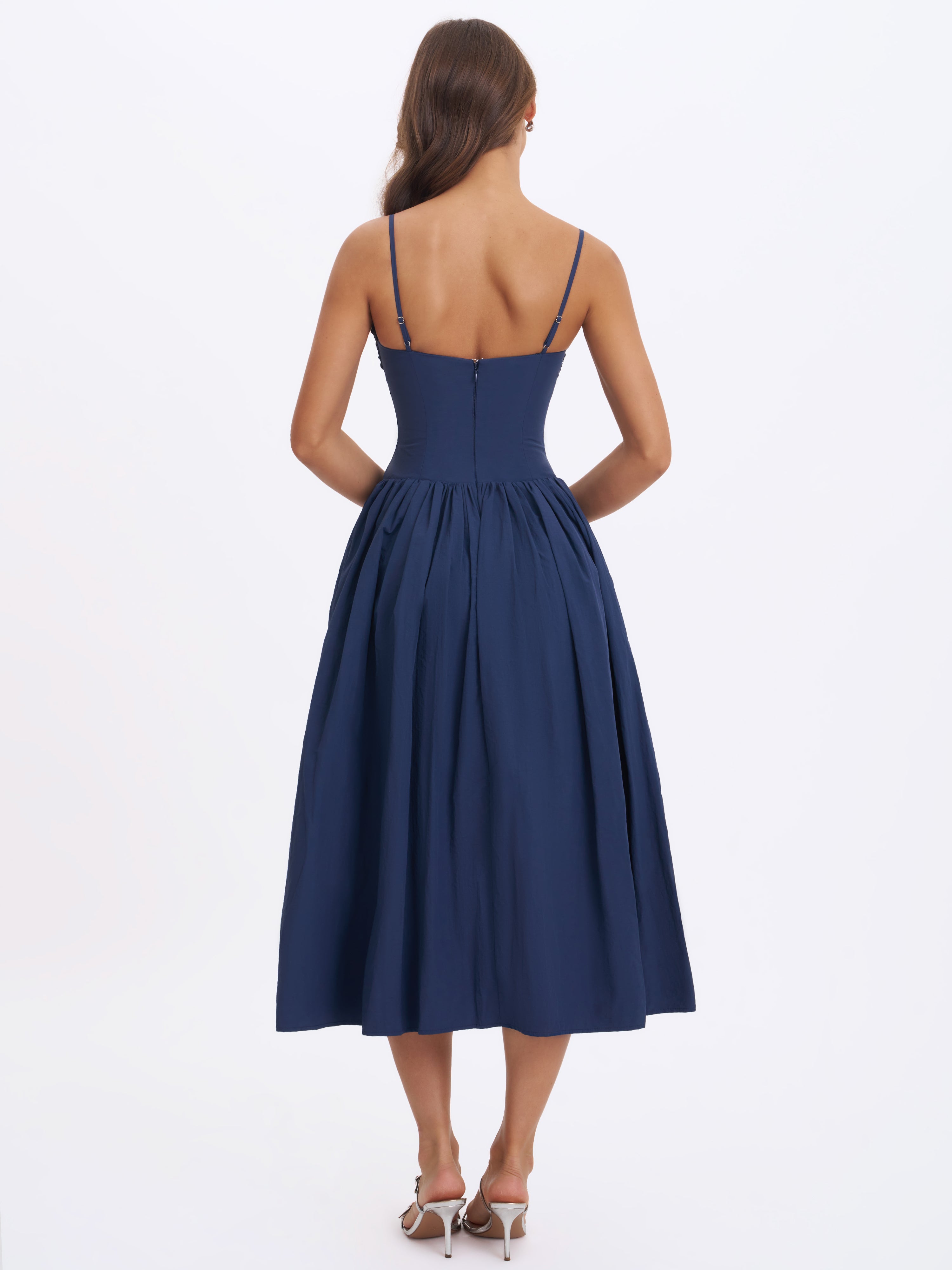 Ailani Navy Taffeta Smocked Midi Dress