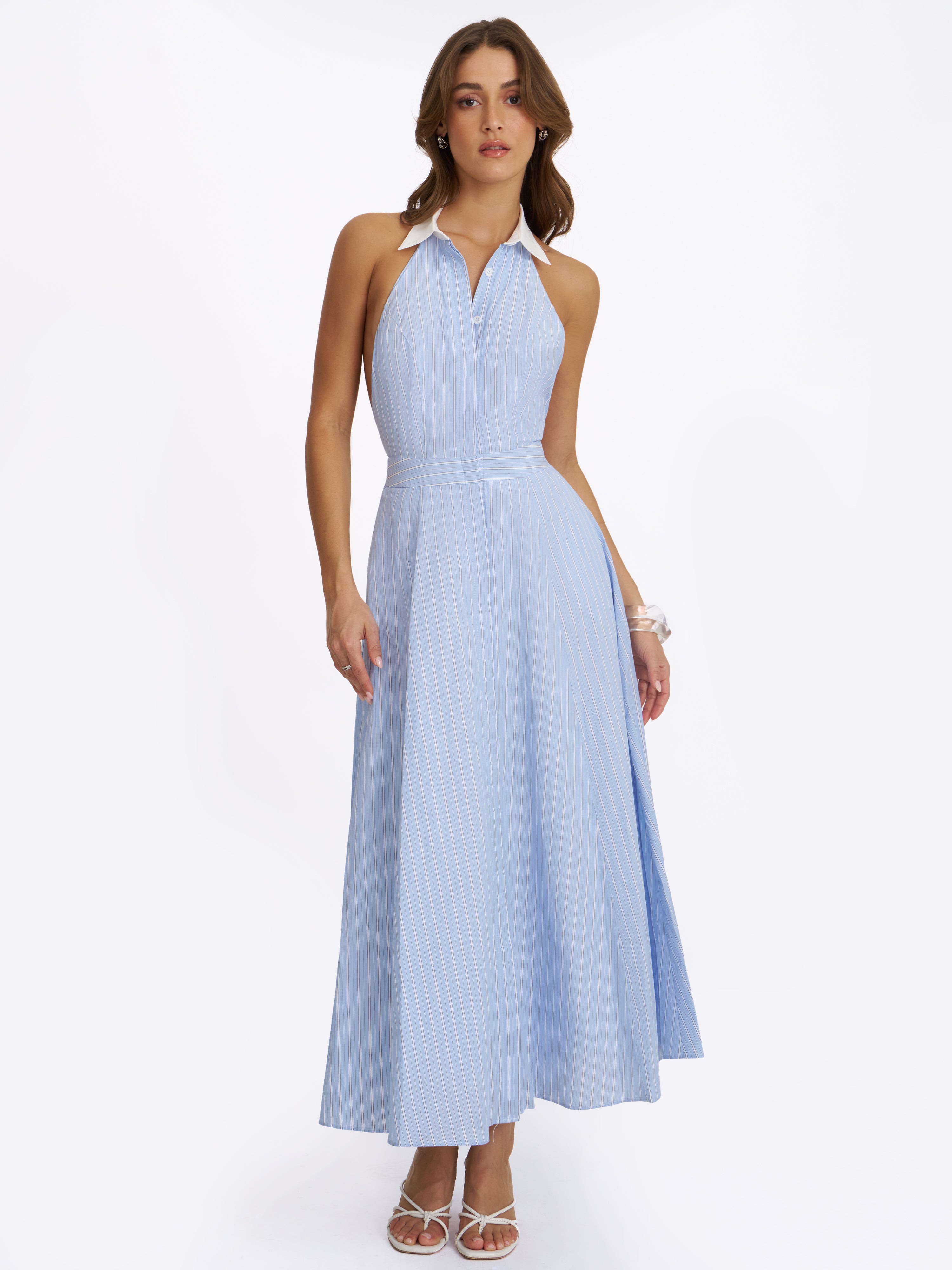 Winslet Sky Blue Striped Cotton Poplin Halter Maxi Dress