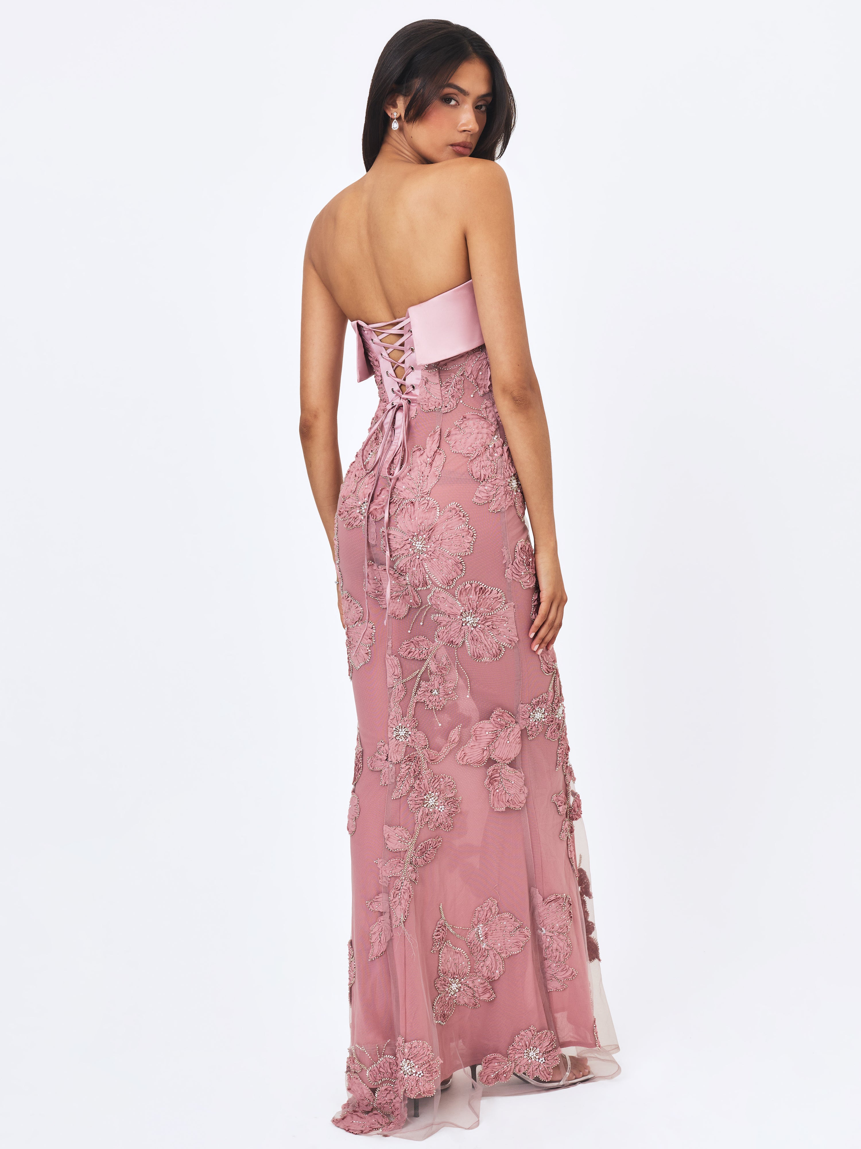 Raphaela Dusty Pink Beaded Floral Strapless Mermaid Maxi Dress