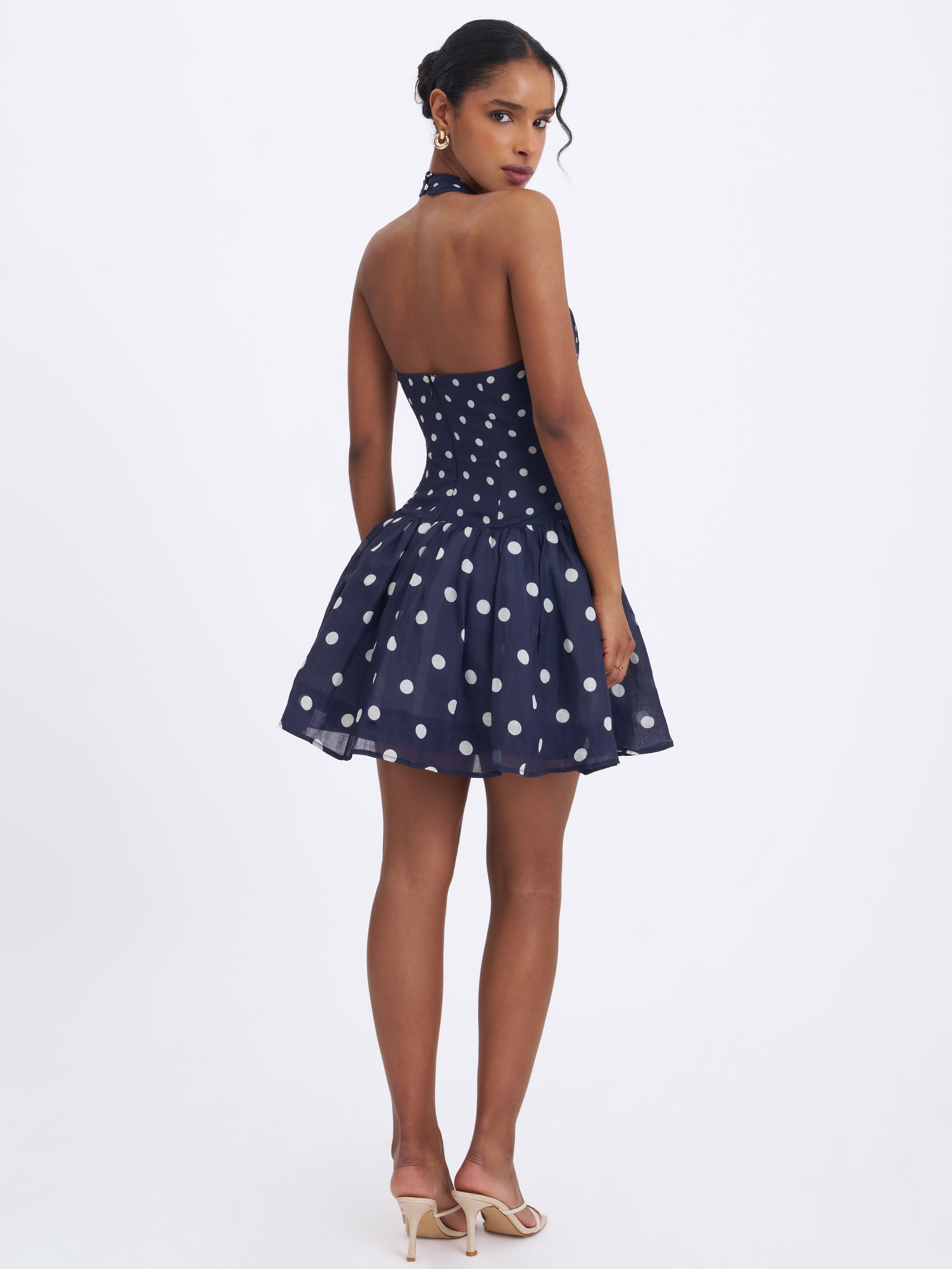 Yamina Navy Polka Dot Ramie Crossover Halter Gathered Mini Dress