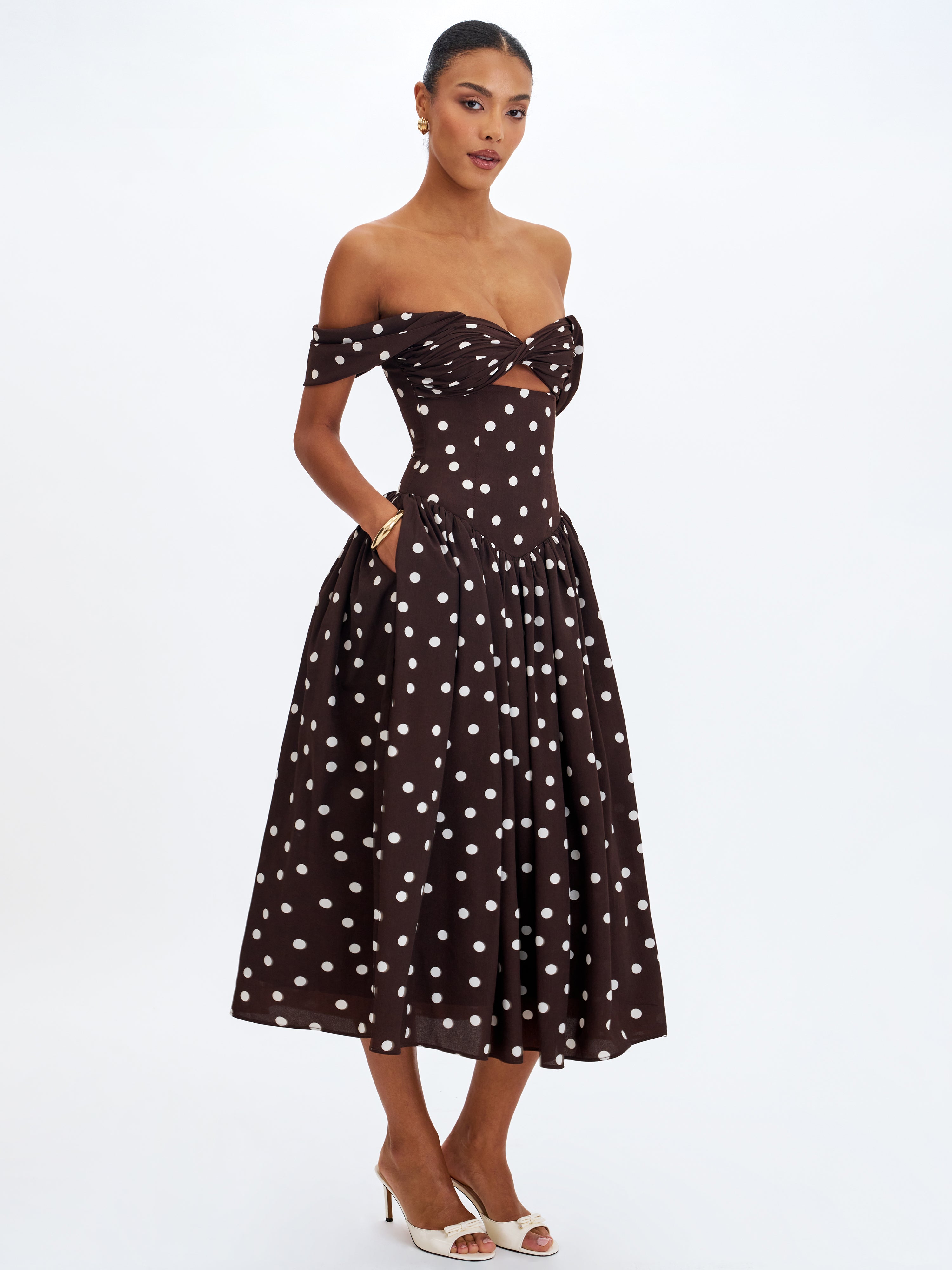 Xandie Mocha Polka Dot Off-Shoulder Midi Dress