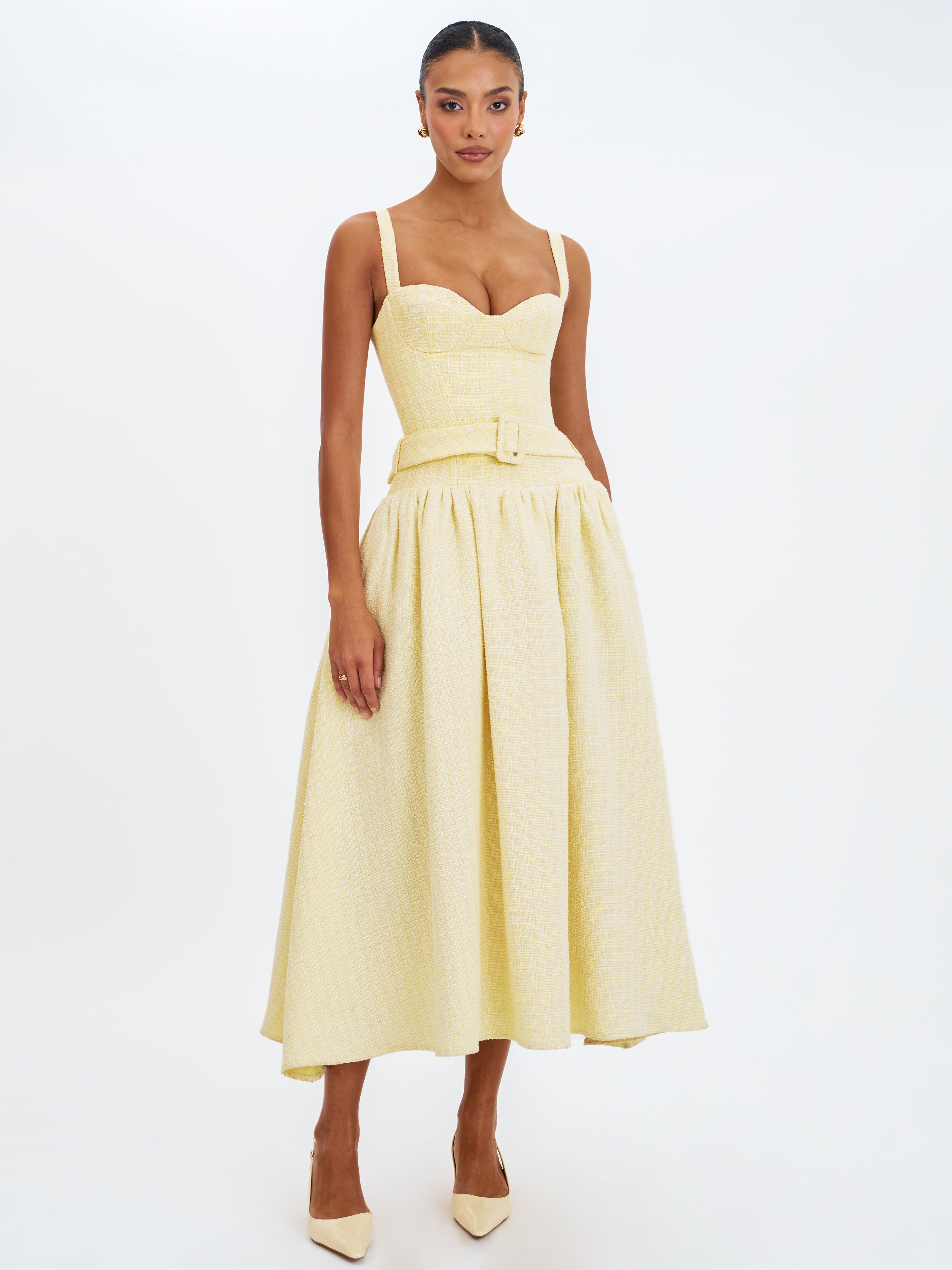 Tiana Butter Yellow Sweetheart Belted Midi Dress