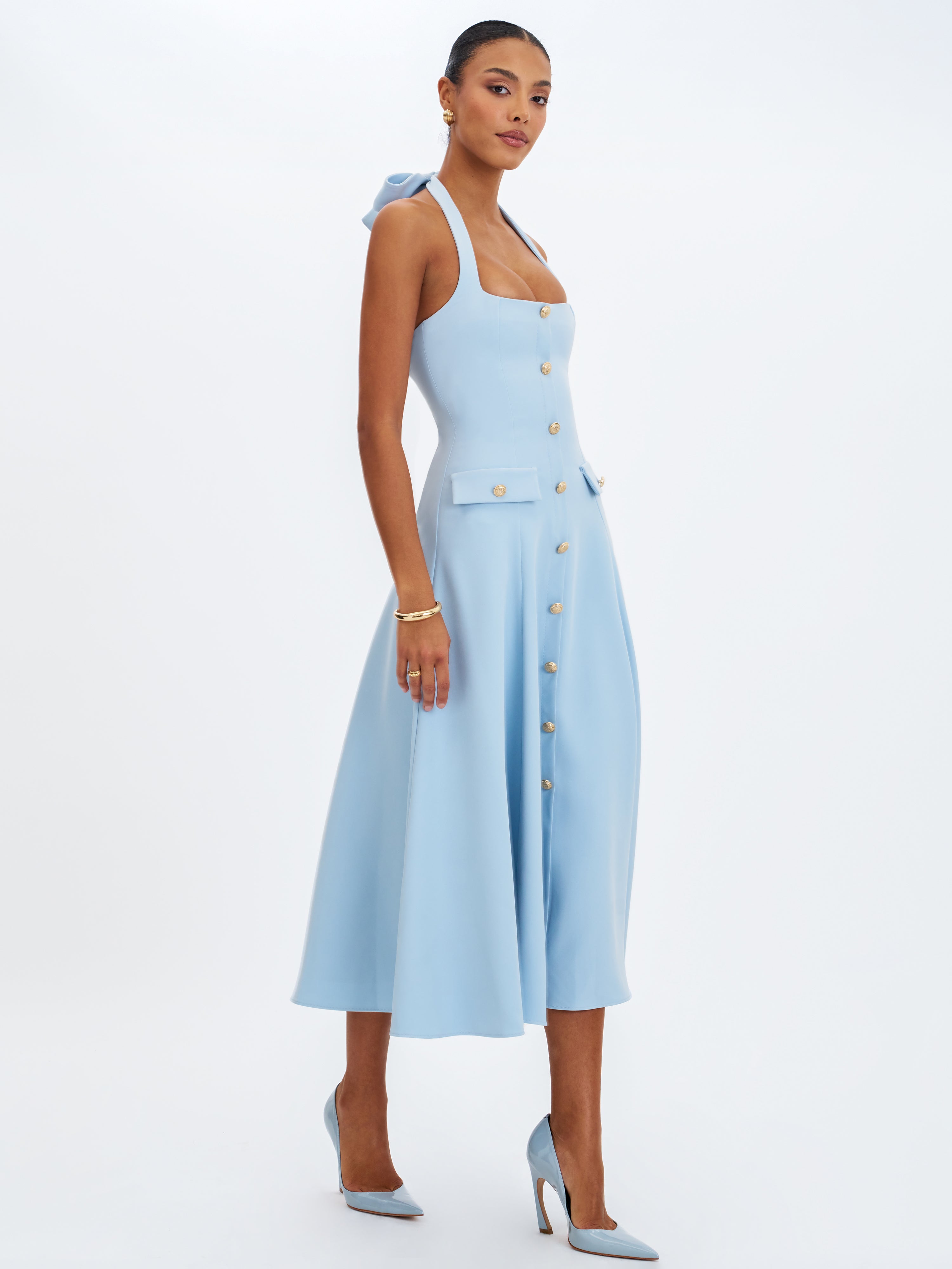 Gillian Mist Blue Halter A-Line Midi Dress