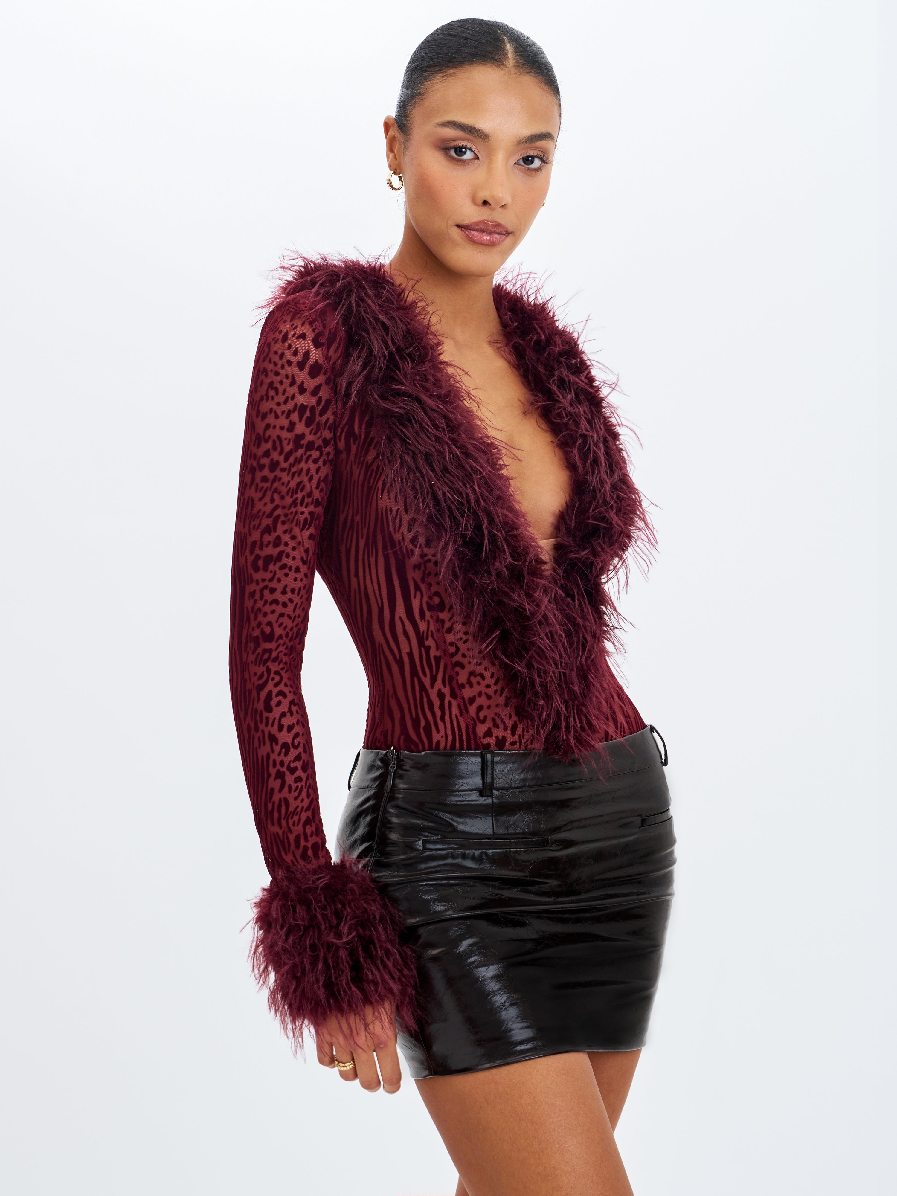 Valene Burgundy Burnout Velvet Fur-Trim Bodysuit