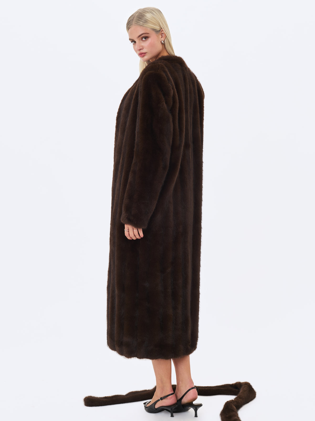Celine Espresso Faux Mink Belted Longline Coat