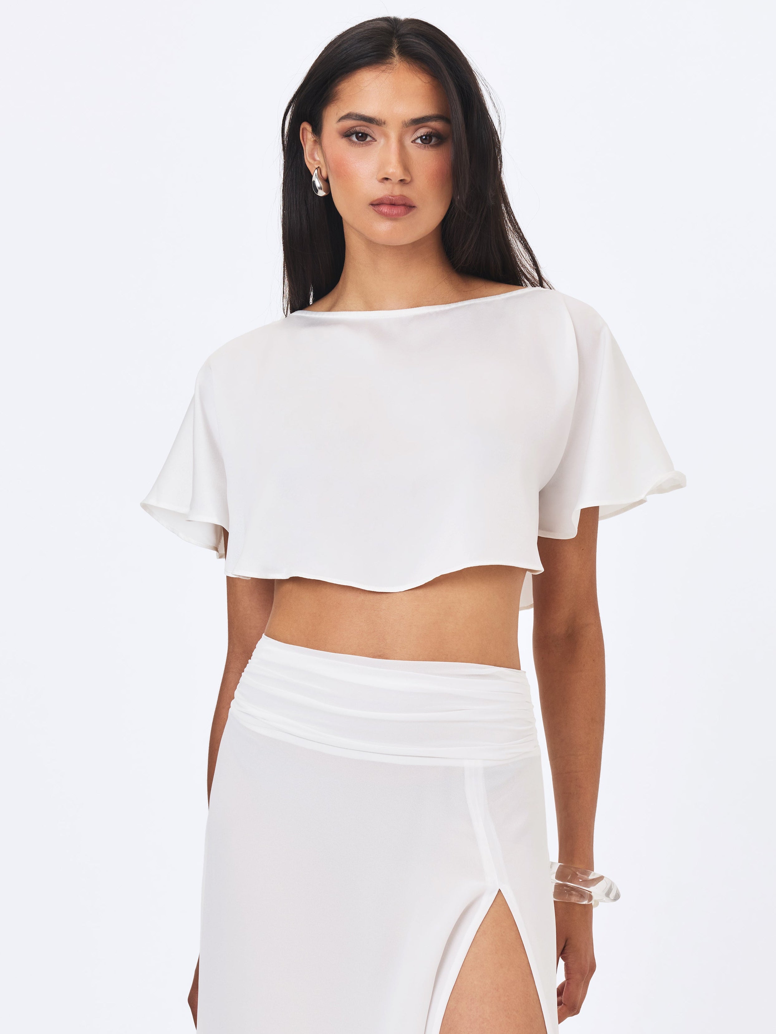Yarae White Satin Boat Neck Cape Top