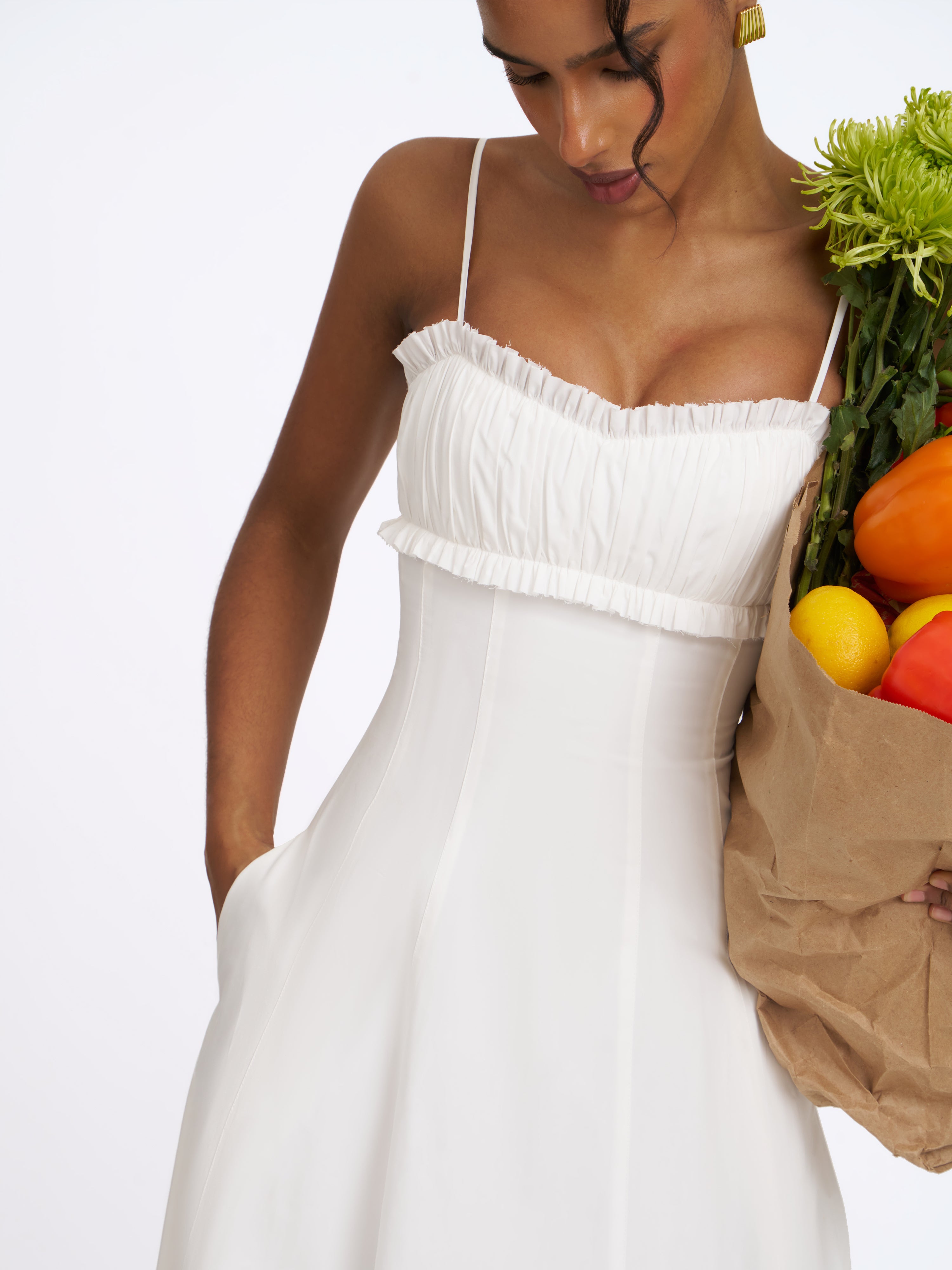 Vicenta White Cotton Poplin Ruched Midi Dress