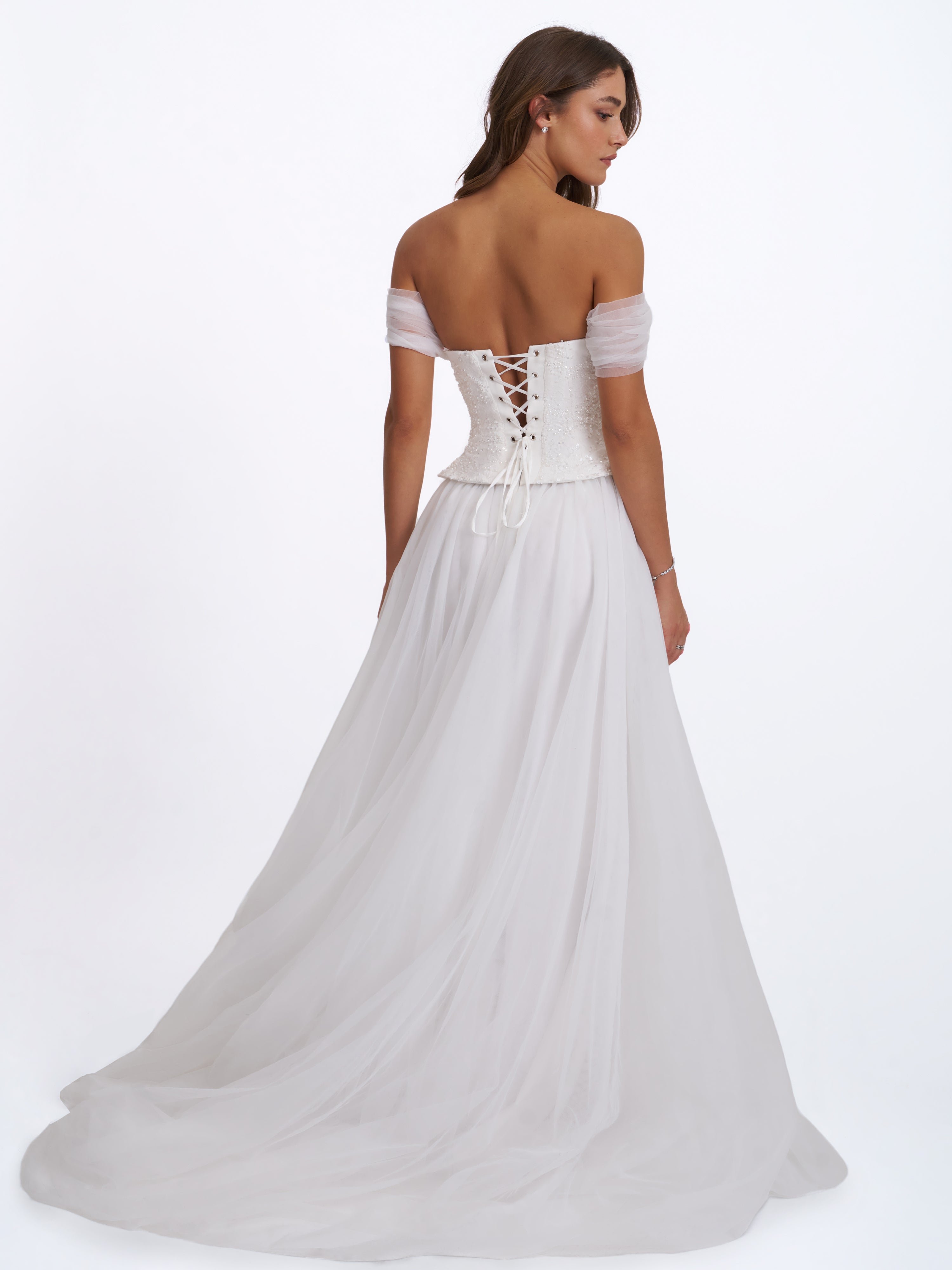 Jianna White Beaded Peplum Bardot Neckline Wedding Gown