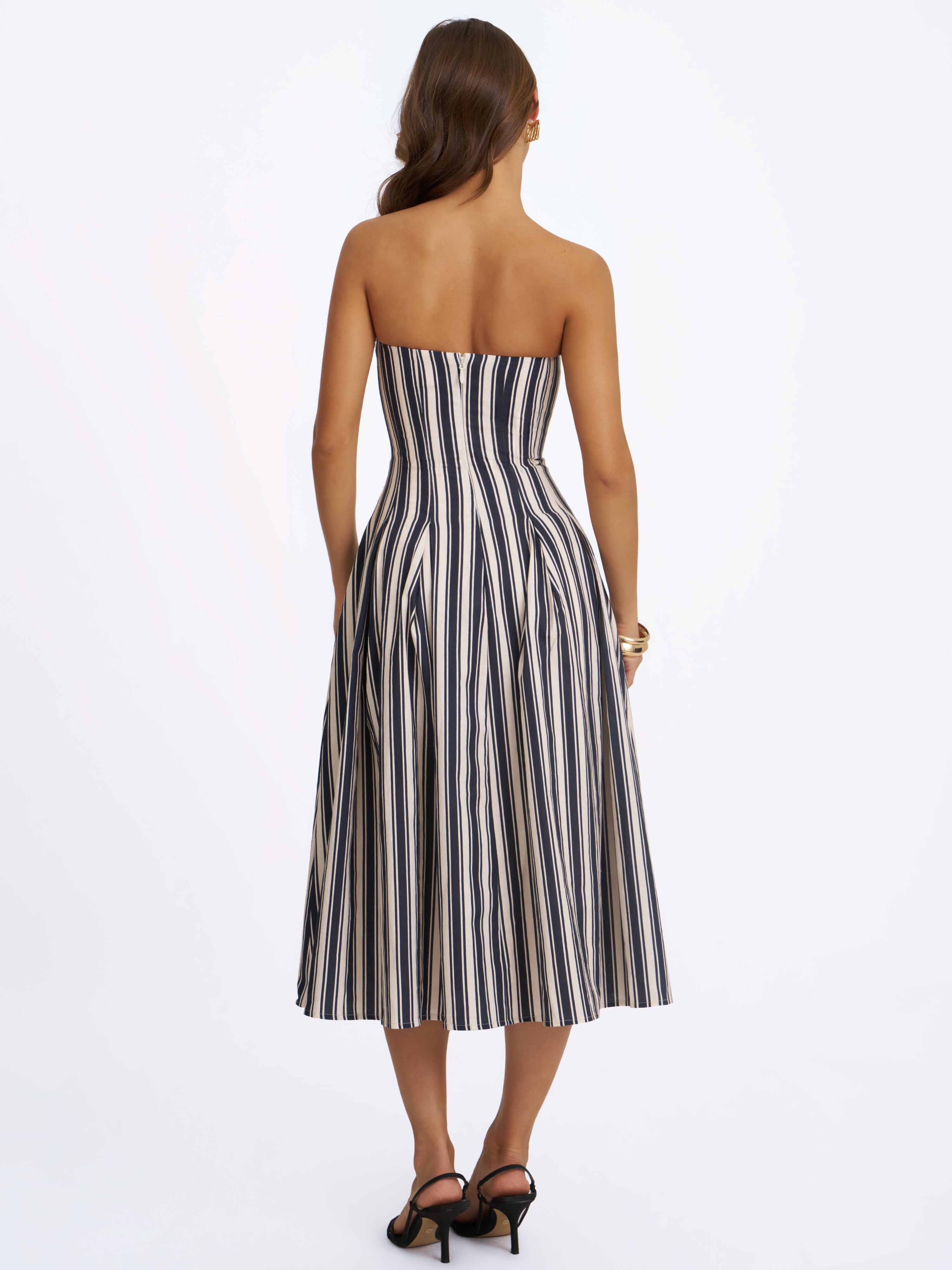 Wyanne Black & White Linen Striped Strapless Midi Dress
