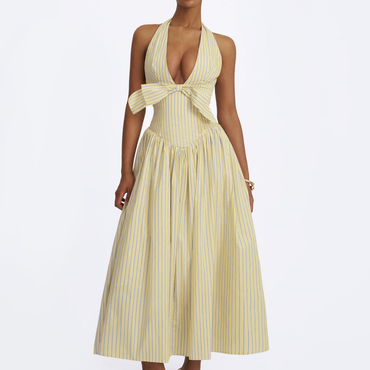 Talise Lemon Yellow Cotton Poplin Stripe Plunging Halter Maxi Dress Talise Lemon Yellow Cotton Poplin Stripe Plunging Halter Maxi Dress