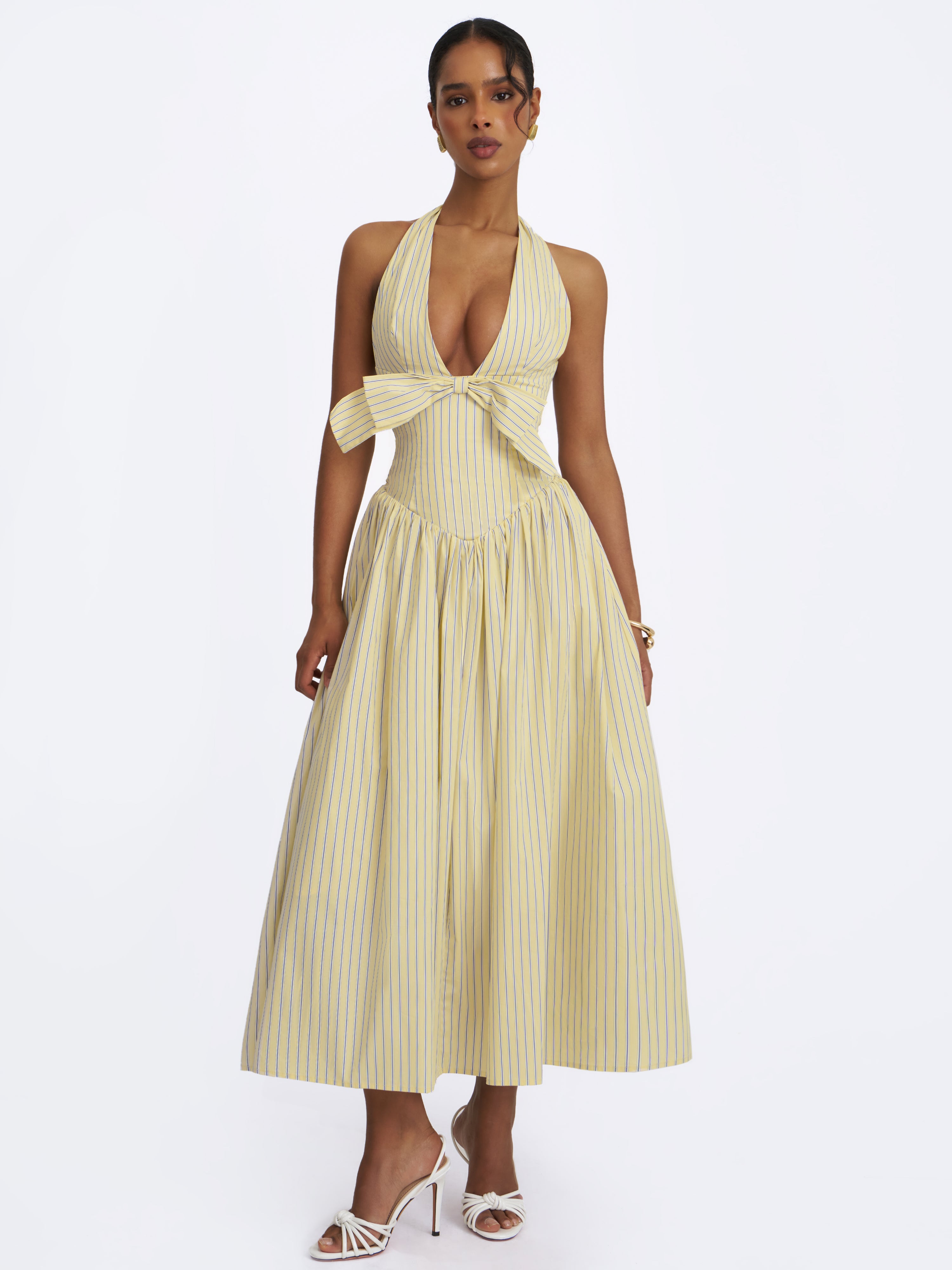 Talise Lemon Yellow Cotton Poplin Stripe Plunging Halter Maxi Dress