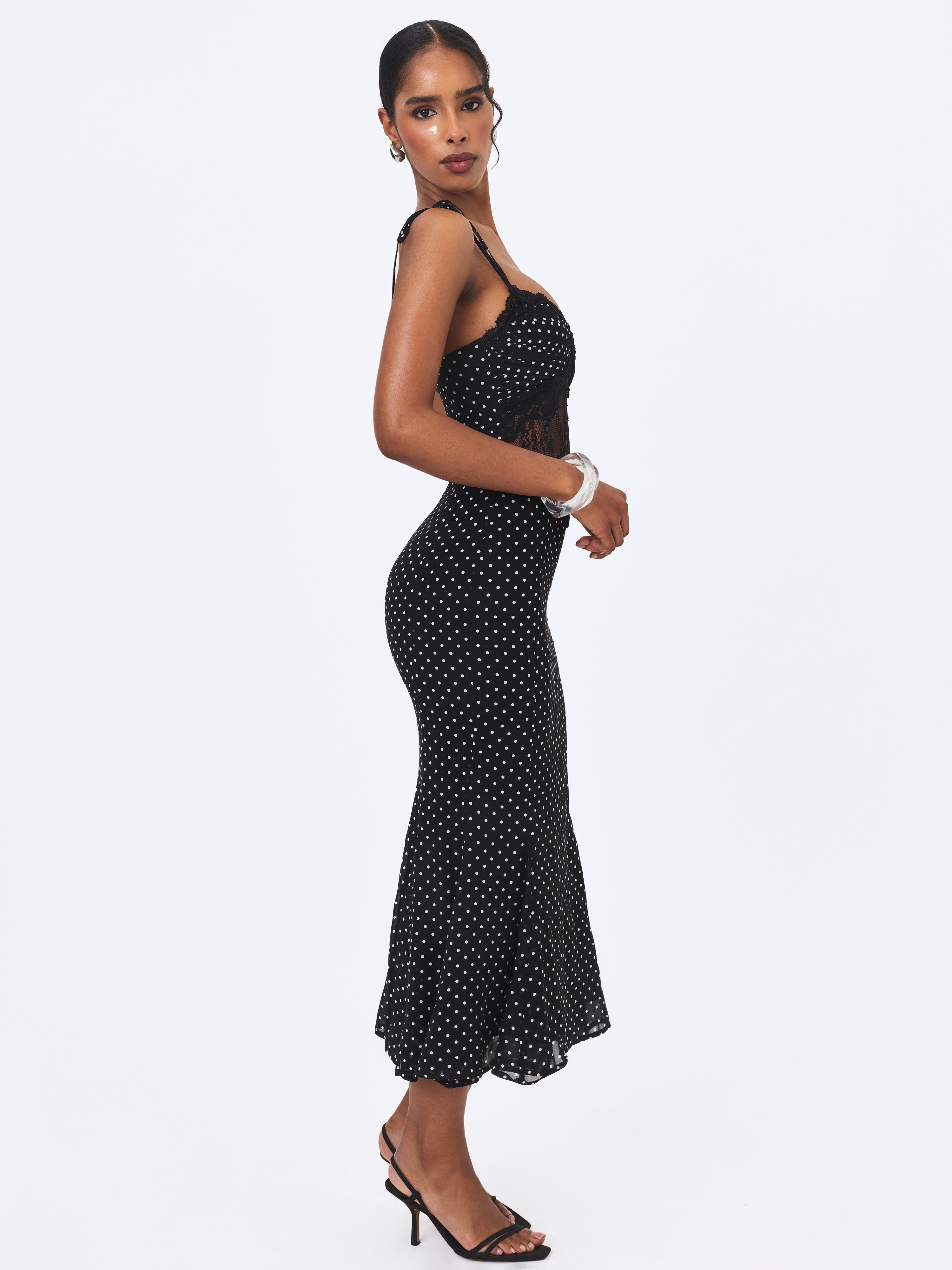 Zehra Black Polka Dot Chiffon Lace Cutout Mermaid Midi Dress