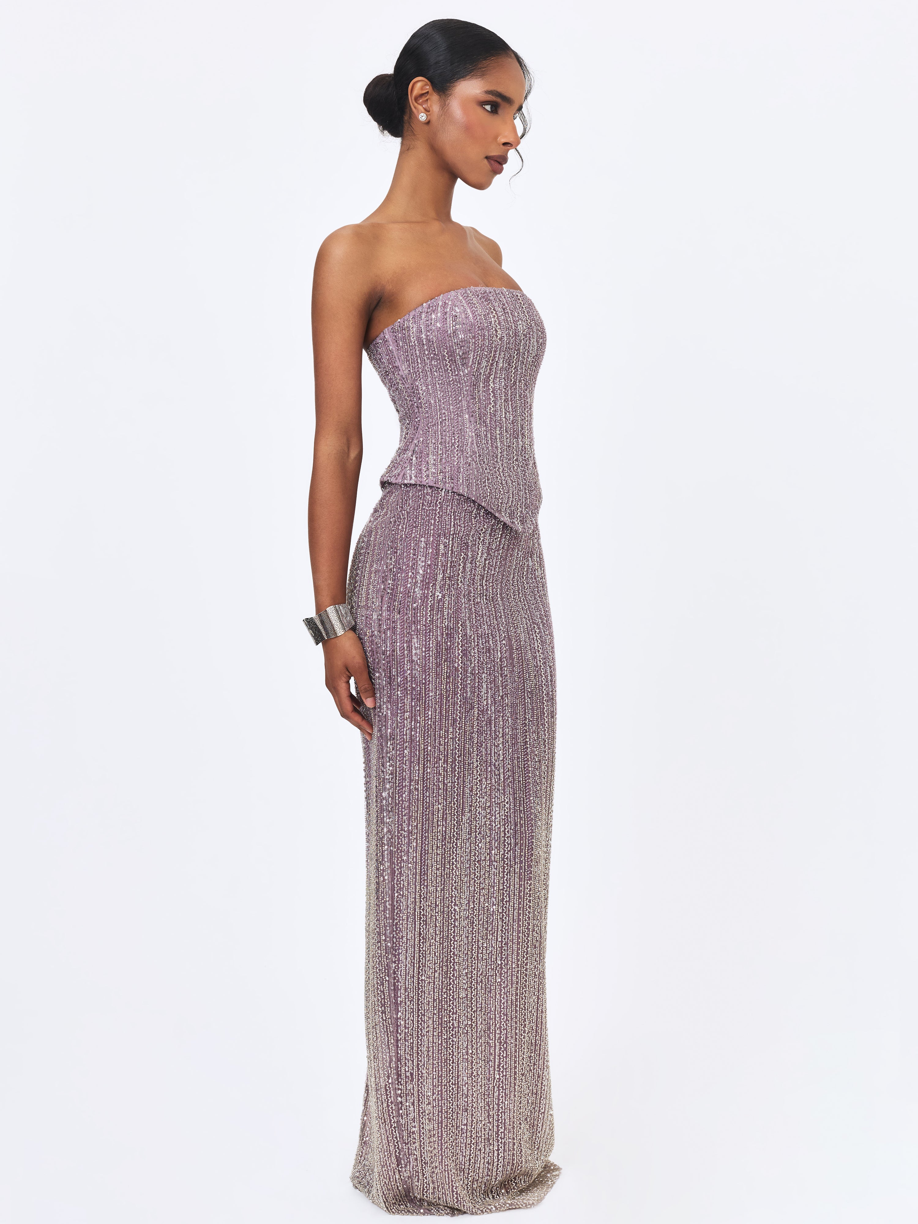 Tosca Beaded Purple Gradient Strapless Peplum Maxi Dress