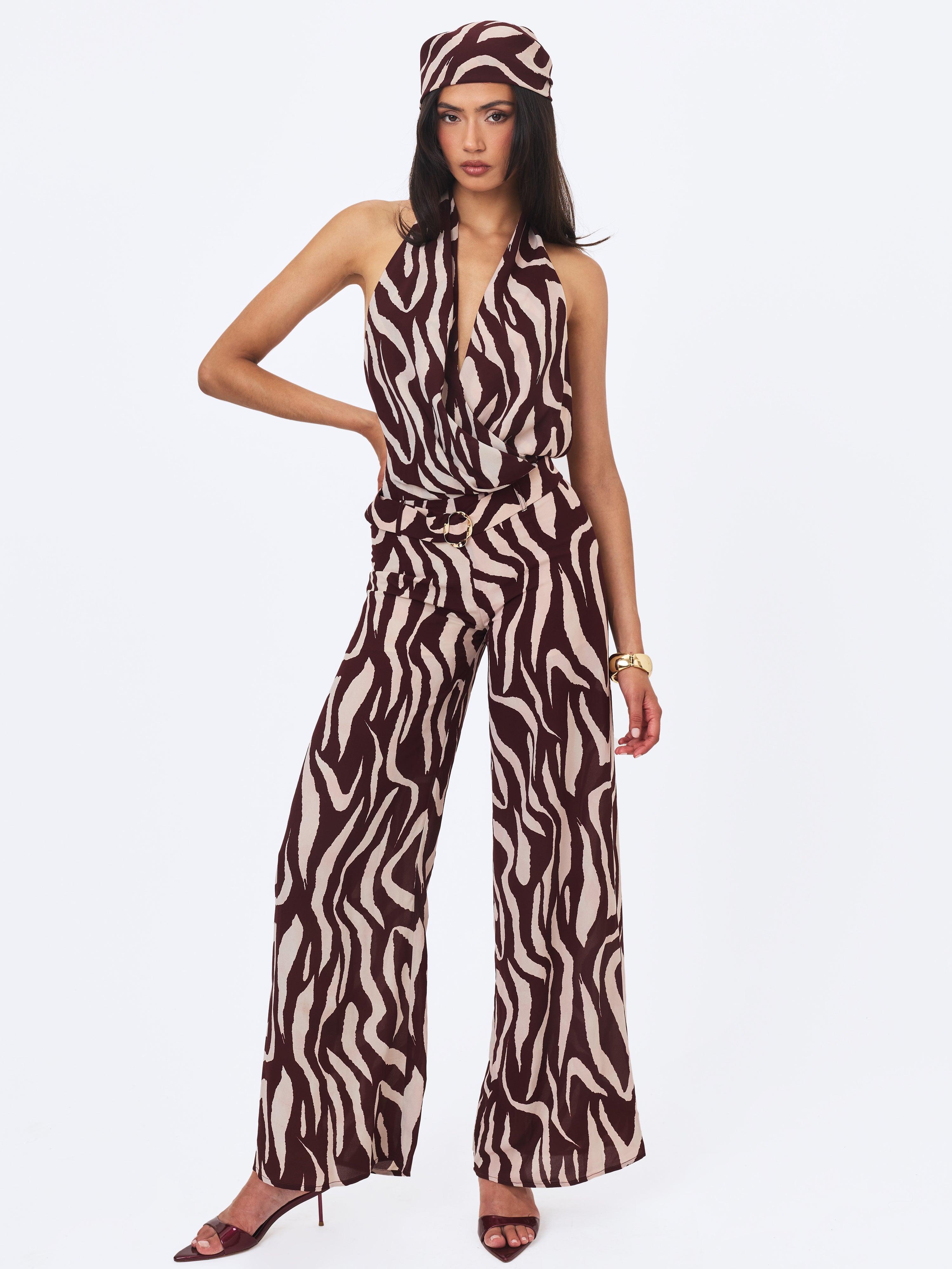 Ashlyn Burgundy & Beige Abstract Zebra Print Belted Halter Jumpsuit