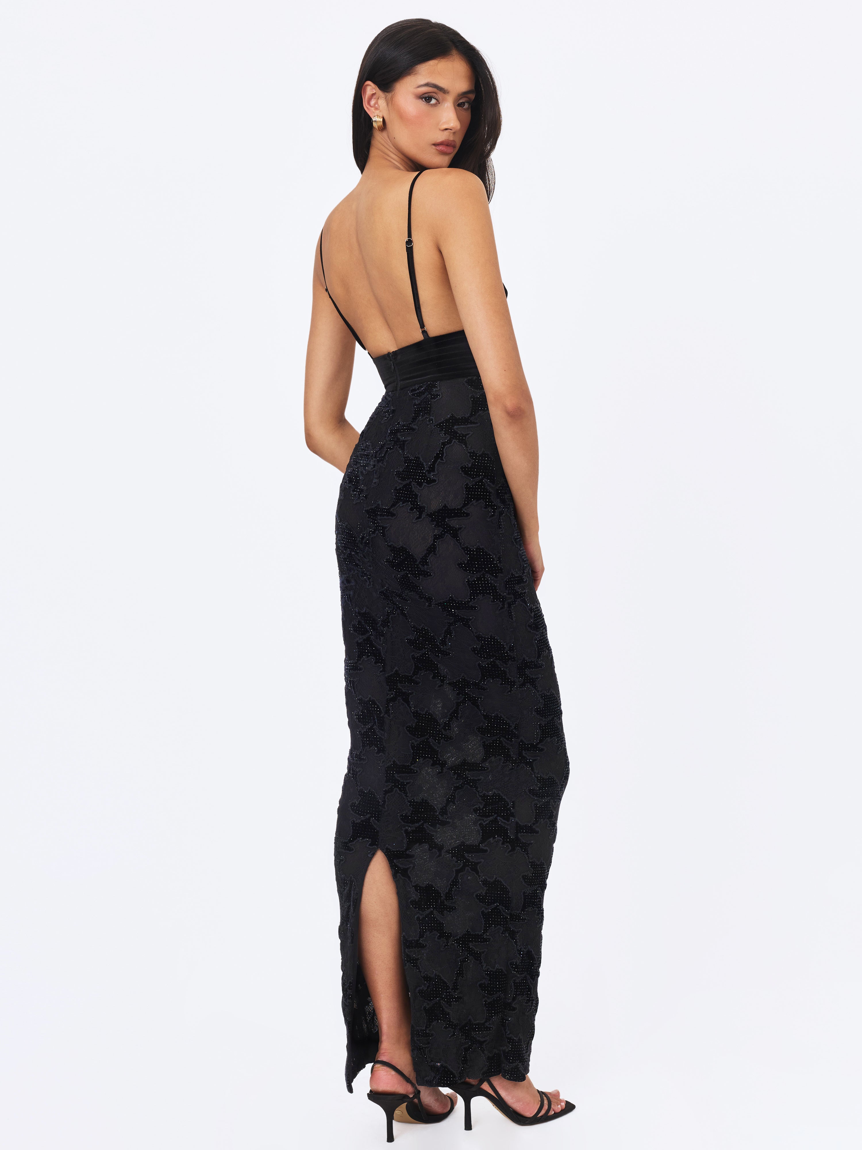 Quinsley Black Velvet Crystal Lace Maxi Dress