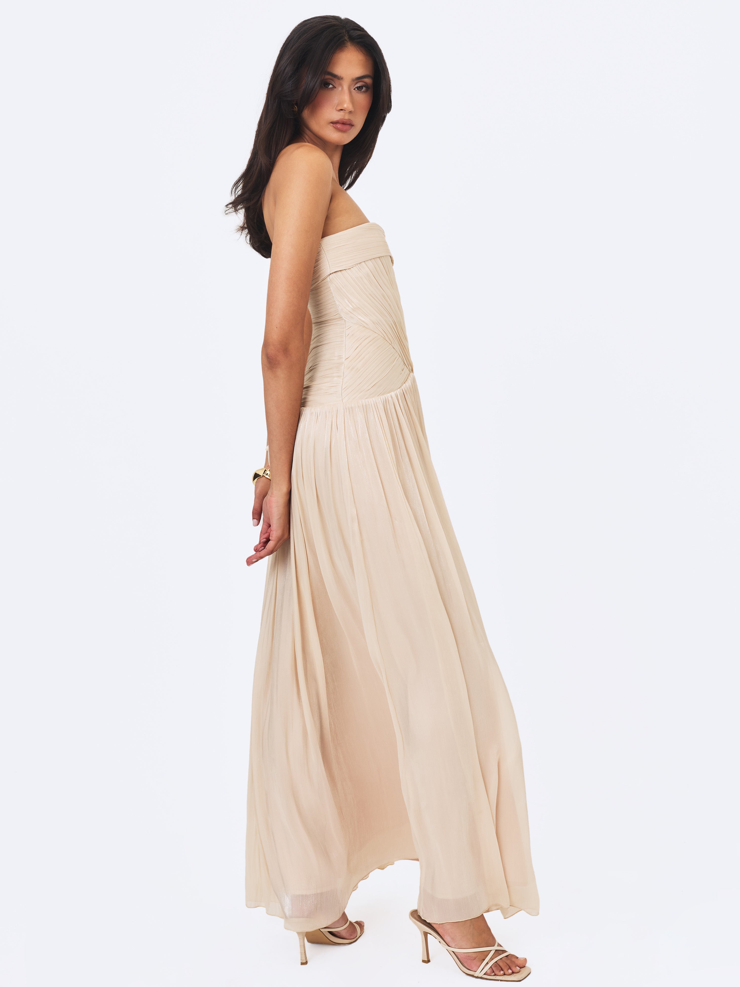 Olivine Light Beige Crystal Organza Strapless Maxi Dress