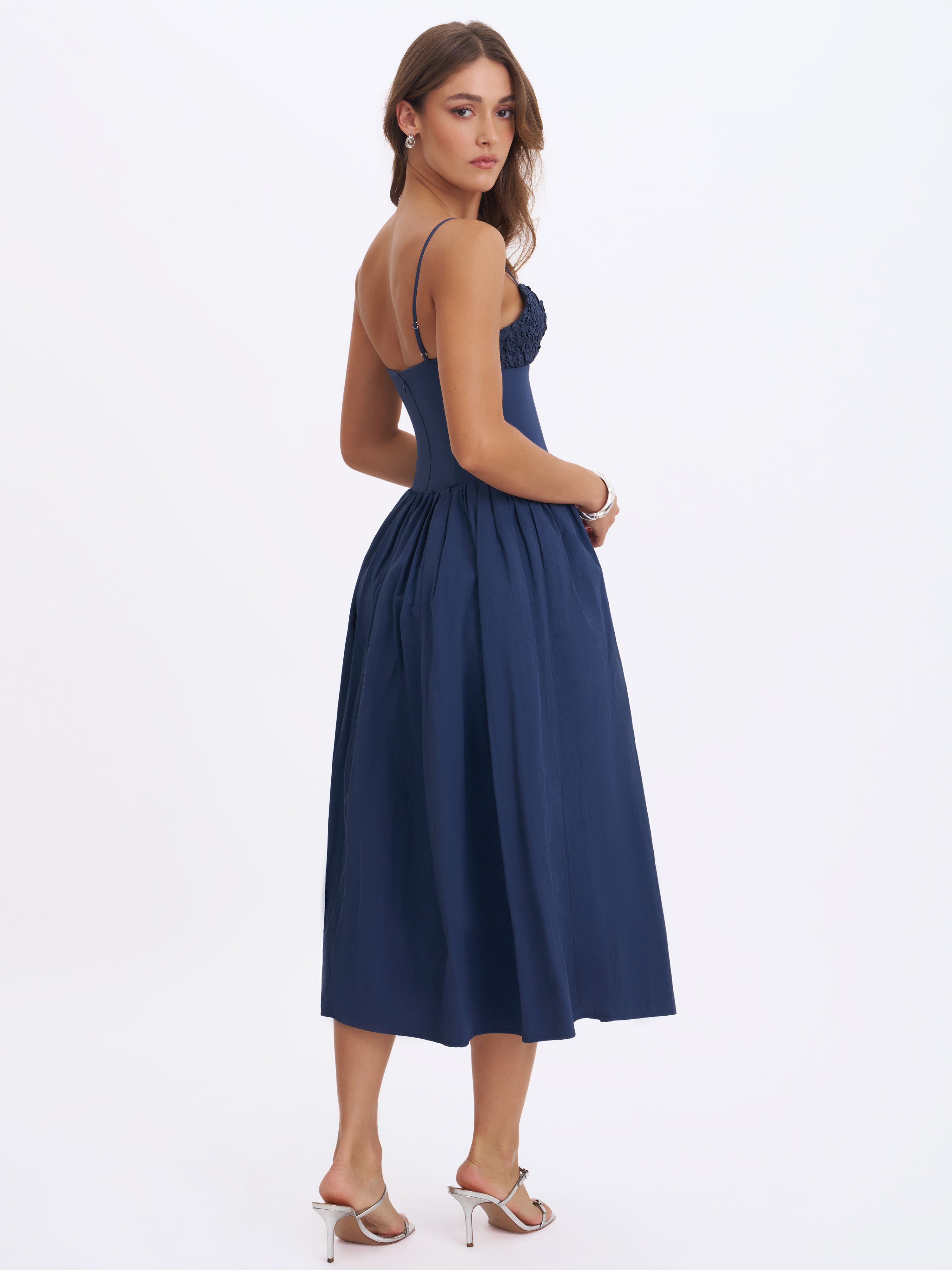 Ailani Navy Taffeta Smocked Midi Dress