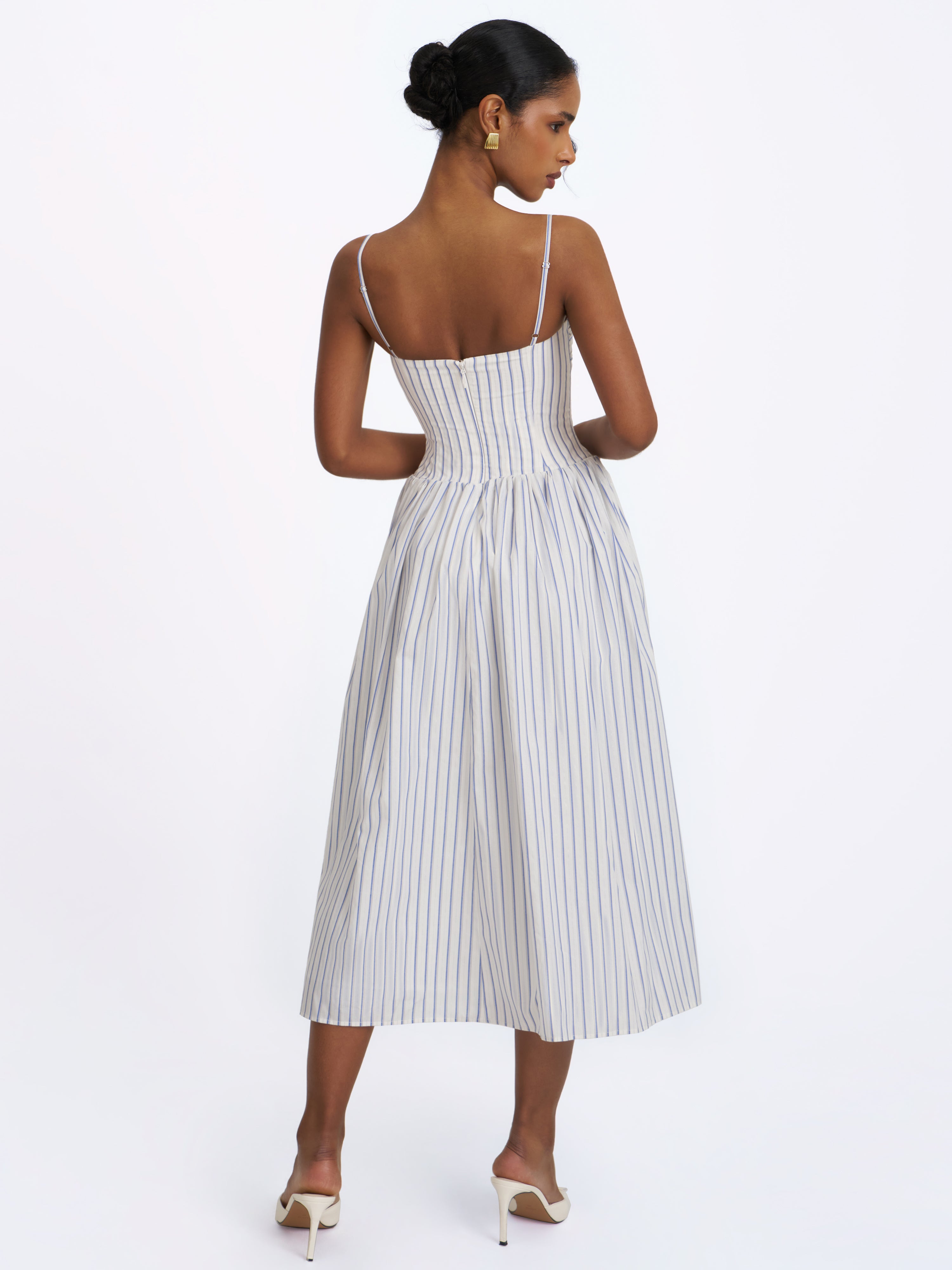 Olea Sky Blue Striped Cotton Poplin Ruched Midi Dress