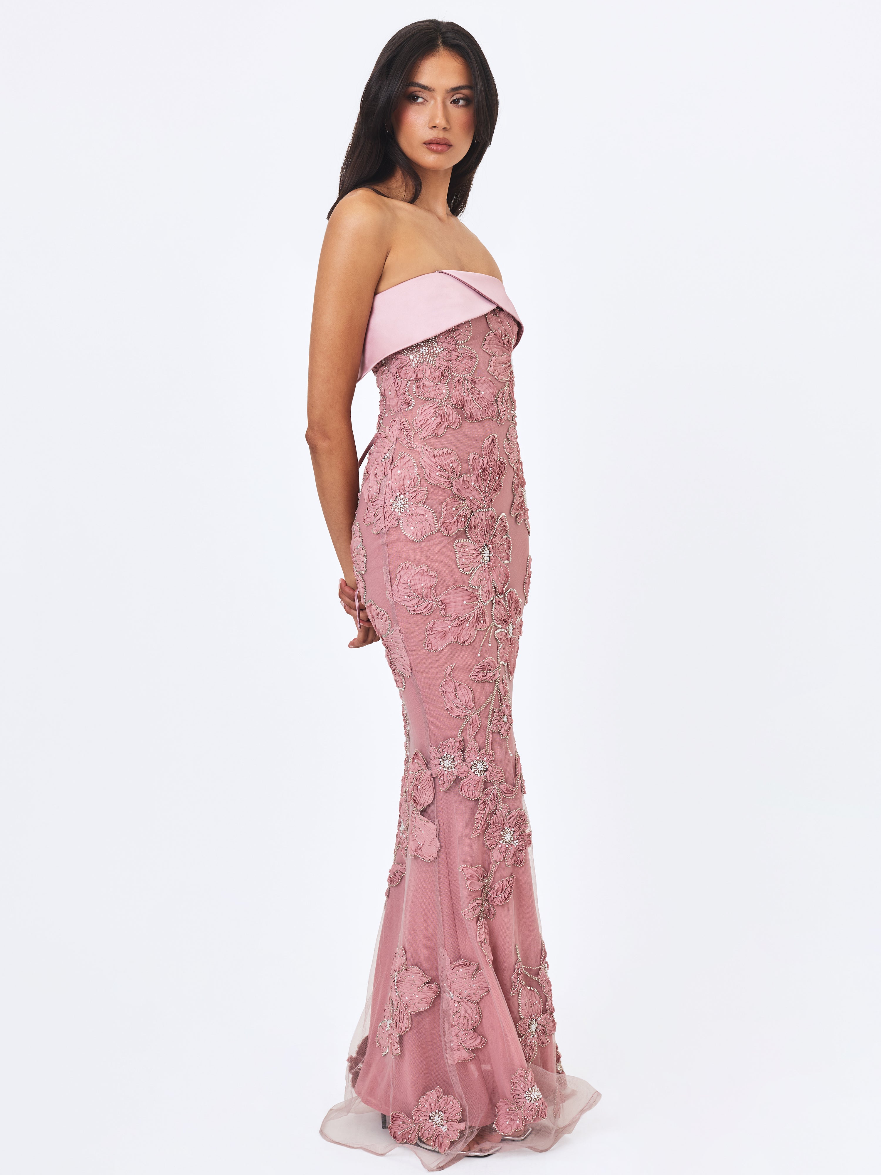 Raphaela Dusty Pink Beaded Floral Strapless Mermaid Maxi Dress