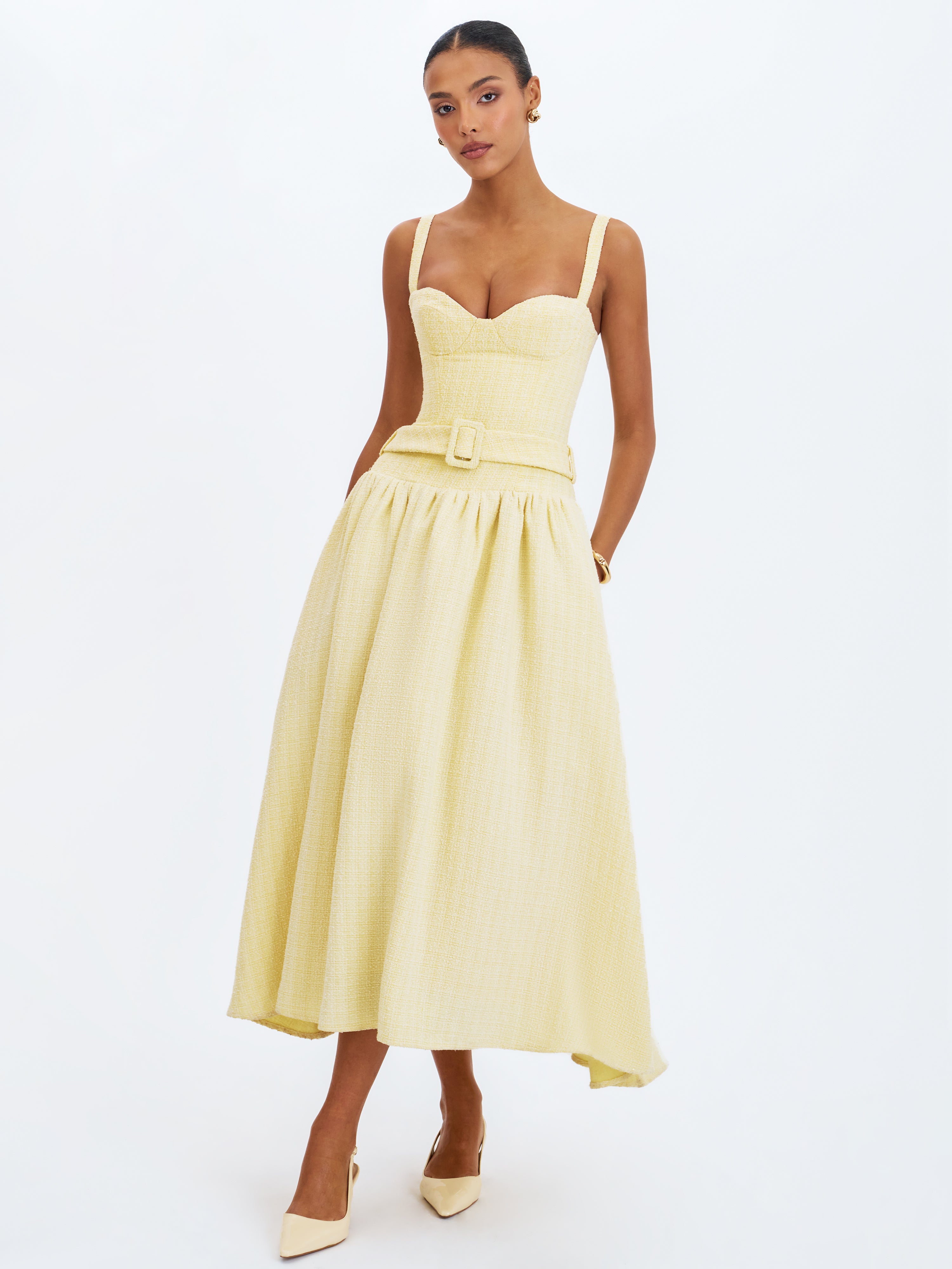 Tiana Butter Yellow Sweetheart Belted Midi Dress