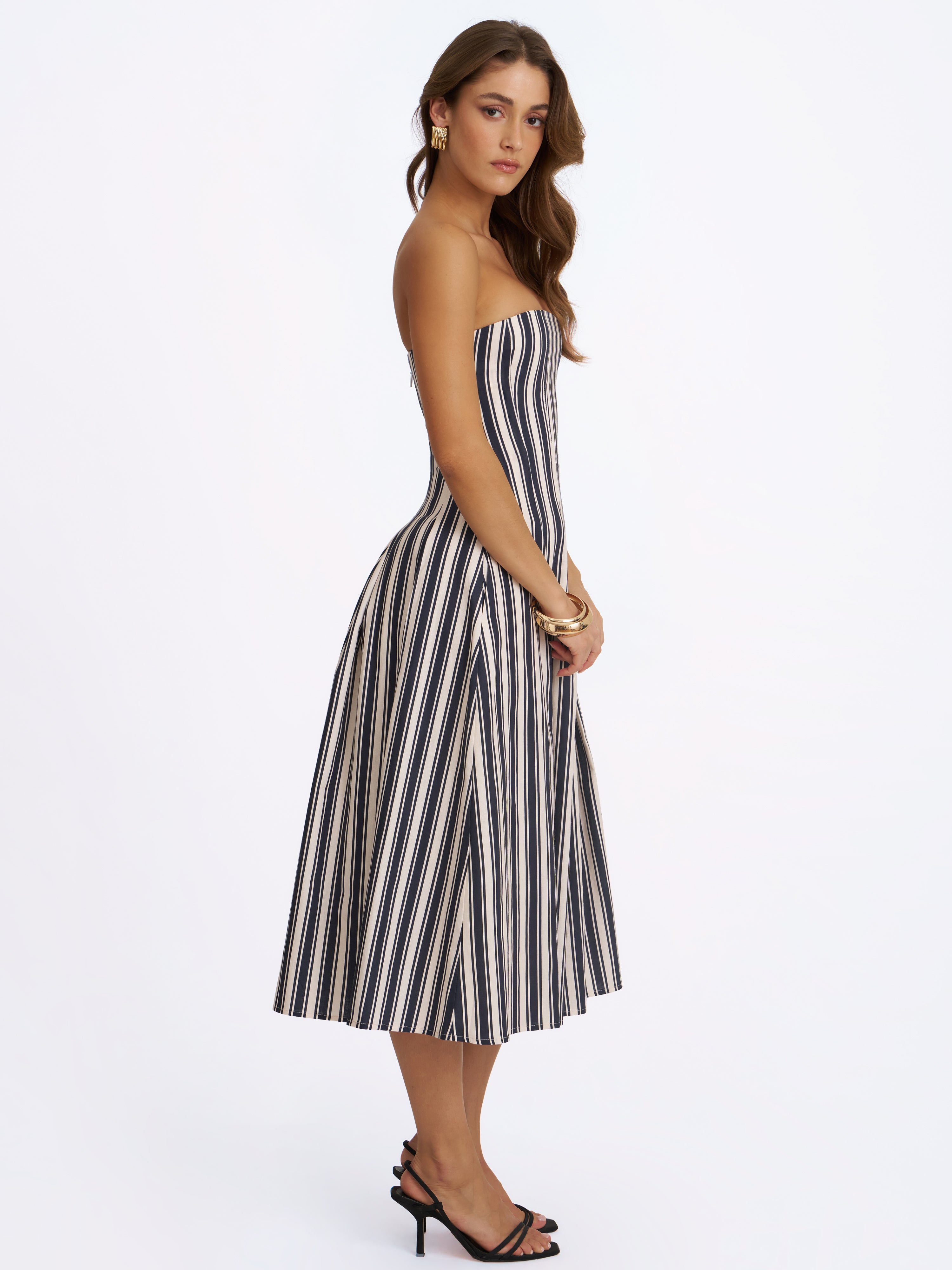 Wyanne Black & White Linen Striped Strapless Midi Dress