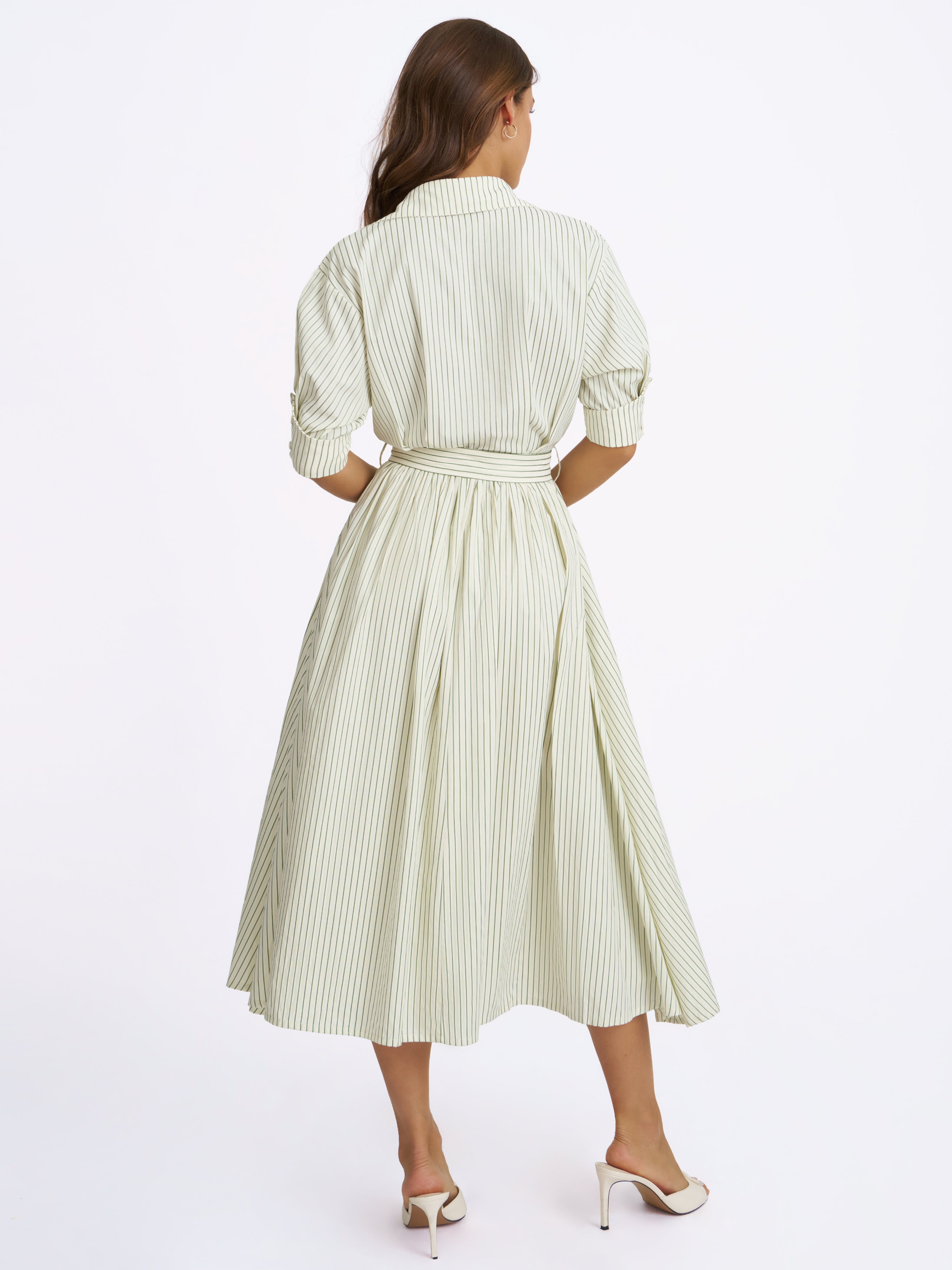 Danica Pine Green Bamboo Poplin Striped Shirt Midi Dress - L / US 8-10 Danica Pine Green Bamboo Poplin Striped Shirt Midi Dress - L / US 8-10